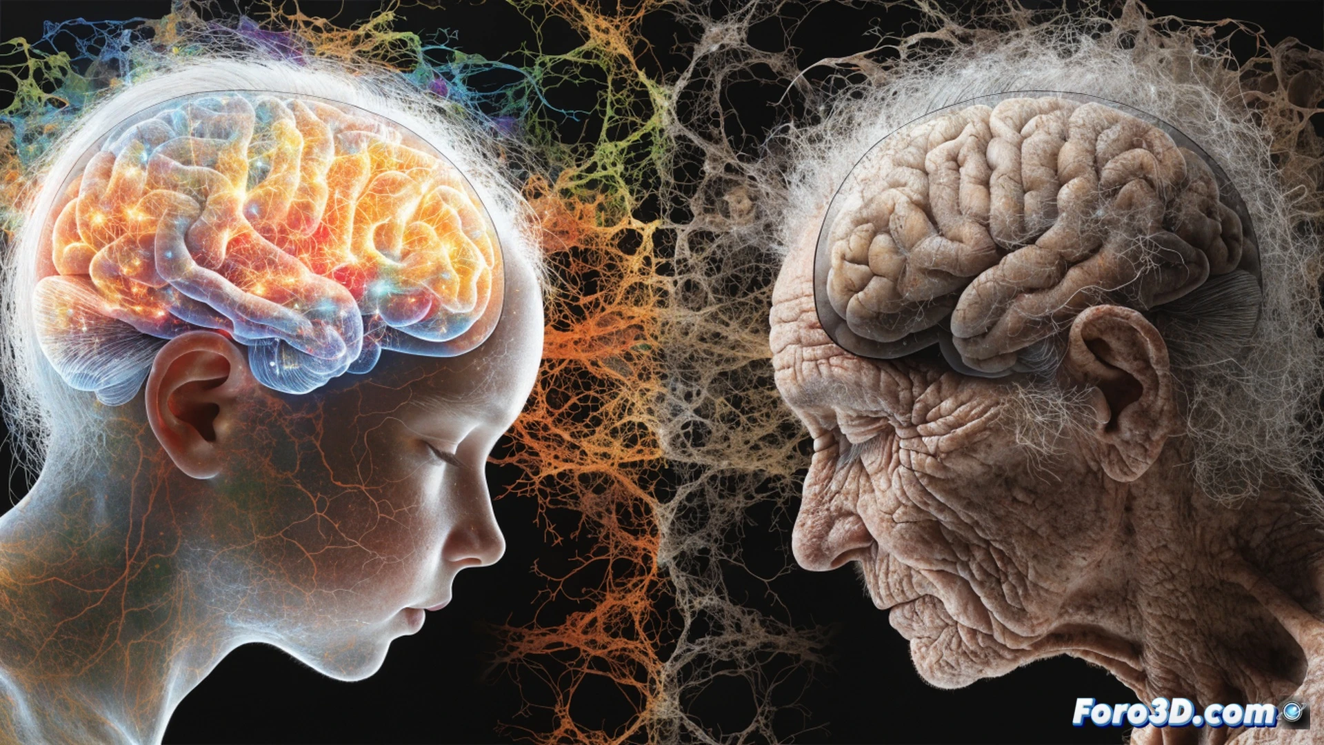A child s hand placing a glowing blue puzzle piece into a complex neural network brain hologram, while a cracked hourglass leaks sand over a stack of worn textbooks and a stethoscope, contrasting with a blurred background showing unequal classroom settings, cinematic photorealistic engineering visualization, dramatic chiaroscuro lighting emphasizing the brain s intact neural pathways versus fragmented sections, ultra-detailed synaptic connections rendered as fiber optic cables, educational tools and medical devices floating in mid-action, technical illustration style with glowing wireframe overlays.