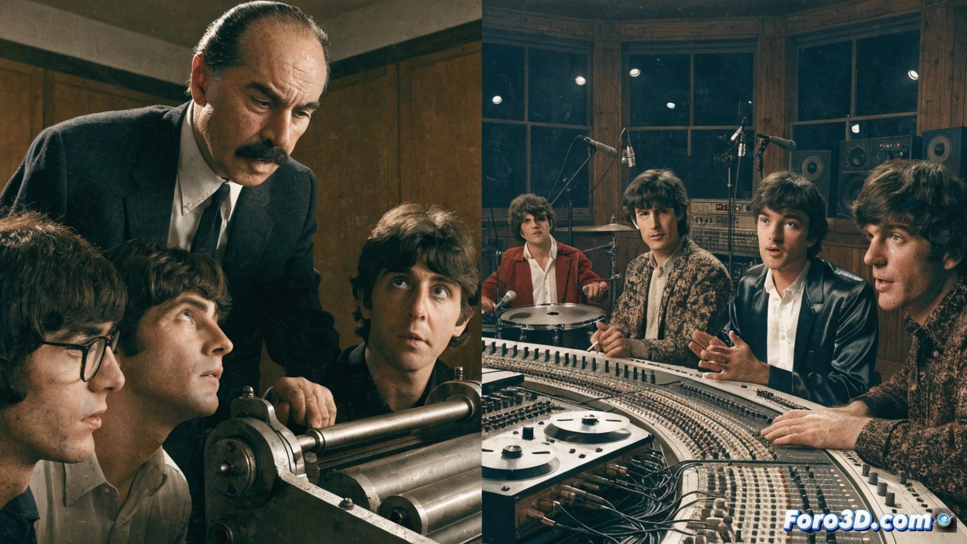 1960s record shop scene, professor Juan Carrión standing beside John Lennon, showing a vinyl record sleeve with no printed lyrics, holding a magnifying glass over the grooves, pointing at a turntable with a stylus tracing the disc, frustrated teacher gesture, Lennon holding a pen and notebook, vintage studio lighting, wood-paneled walls, reel-to-reel tape recorder in background, Sgt. Pepper draft on table, cinematic photorealistic style, warm amber tones, deep shadows, historical documentary aesthetic, ultra-detailed textures on vinyl and clothing