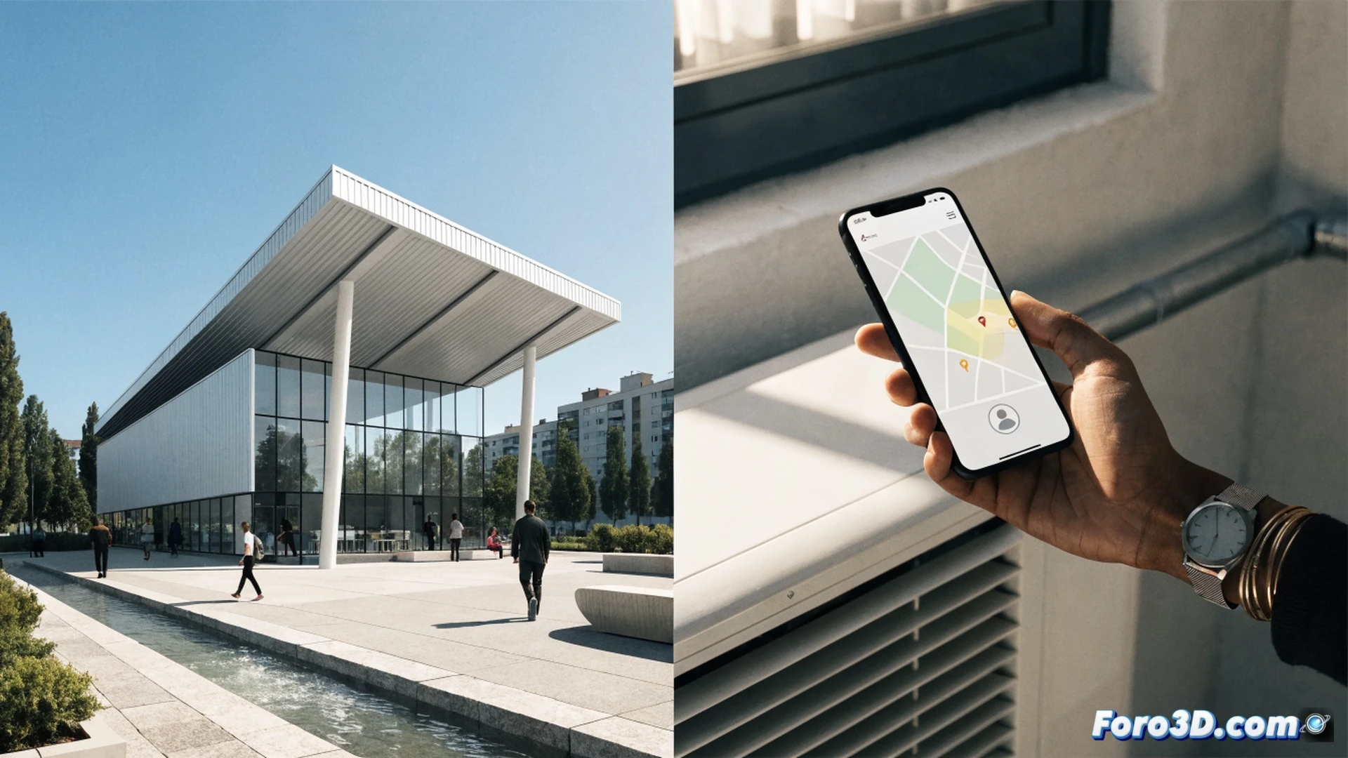 mapa digital de la provincia de Valencia en una tableta mostrando puntos azules de refugios climáticos, una mano tocando el icono de una app móvil con símbolo de termómetro y hojas verdes, fondo de biblioteca pública con puertas abiertas y sombra proyectada, personas entrando mientras el sol intenso golpea el exterior, estilo cinematográfico fotorrealista, iluminación contrastada entre el calor exterior naranja y el interior fresco azul, textura de pantalla con líneas de datos climáticos, render técnico de alta definición