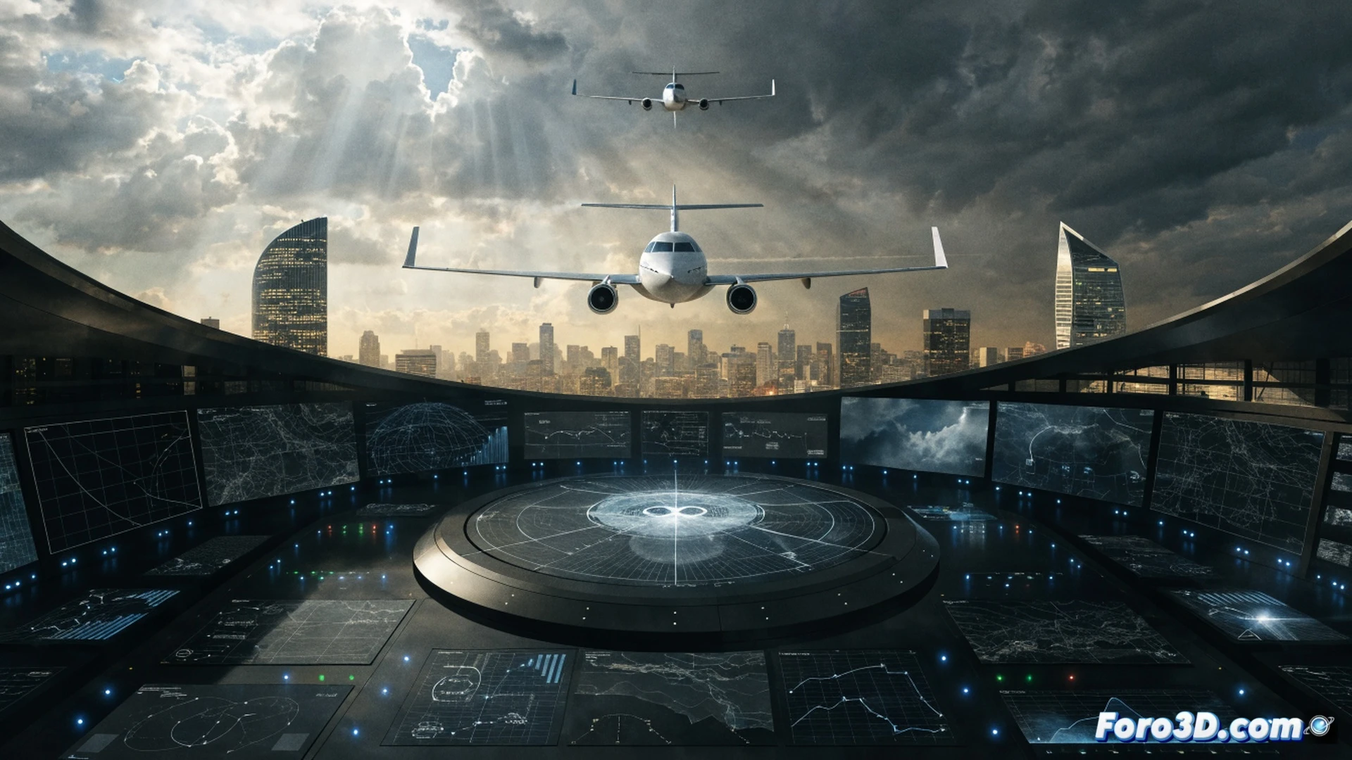 cinematic aerial view of multiple private jets departing simultaneously from a luxury airport at dusk, runway lights reflecting on wet tarmac, a glowing digital radar screen overlay showing five red alert indicators, data streams of flight paths and timestamps visible on a holographic interface, a programmer s silhouette in a dark room monitoring the system, code lines scrolling on multiple monitors, contrast between wealthy escaping in sleek aircraft and empty civilian terminal, photorealistic technical illustration, dramatic lighting, high contrast shadows, ultra-detailed cockpit instruments and radar equipment
