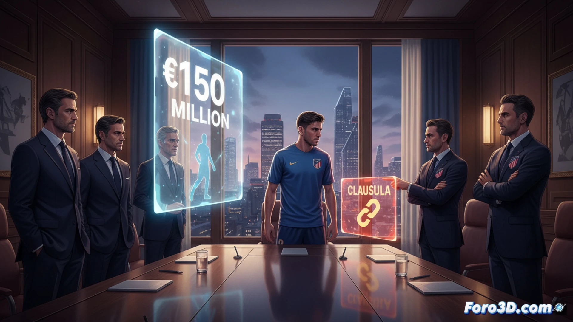 Julián Álvarez en un estudio de fútbol digital, sosteniendo un balón con textura de datos, una oferta de 150 millones representada como cheques apilados sobre una mesa de negociación, el escudo del Atlético de Madrid bloqueando el paso con una valla metálica donde se lee cláusula de rescisión, mientras el escudo del Real Madrid se acerca desde el fondo, ambiente de oficina ejecutiva con pantallas táctiles mostrando gráficos de mercado, iluminación cinematográfica de estudio, estilo fotográfico realista con sombras duras y destellos metálicos, composición equilibrada con acción de rechazo visible en gestos de manos, ultra detallado en texturas de papeles y plásticos.