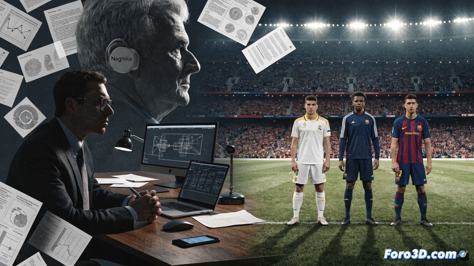 Real Madrid official document being stamped with UEFA emblem, legal folder labelled Caso Negreira placed on a judge desk, Barcelona crest partially shadowed in background, gavel mid-strike during disciplinary hearing, glowing timeline of two decades of payments highlighted in red, blurred courtroom setting, cinematic photorealistic technical illustration, dramatic chiaroscuro lighting, legal documents with visible arbitration seals, intense focus on the gavel action, dark wood textures, professional legal atmosphere