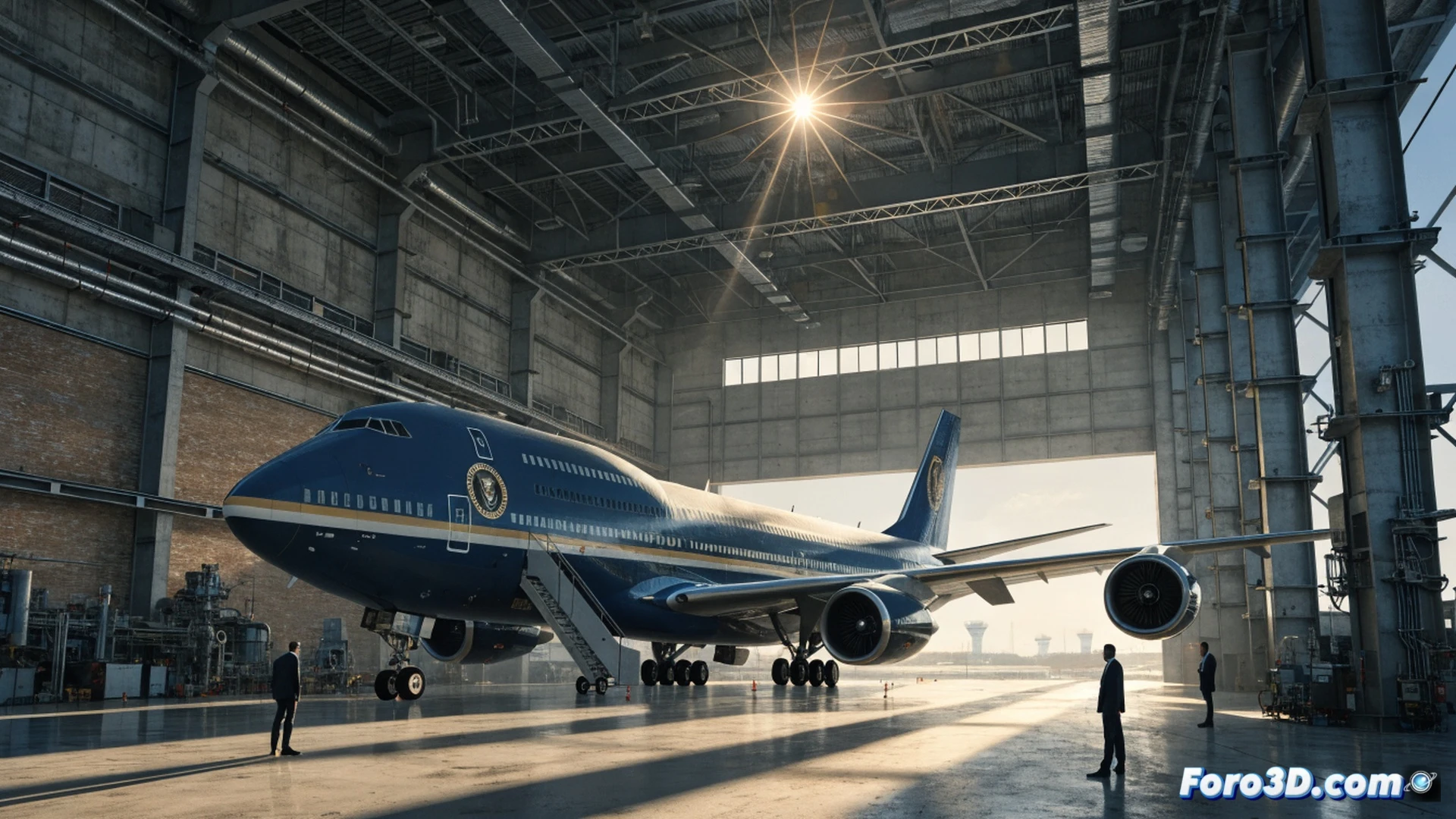 Boeing 747 presidential aircraft parked on a tarmac at night, maintenance crew in white suits inspecting landing gear with flashlights, open cargo bay door revealing a reinforced security module being installed, hydraulic lift platform raised near the fuselage, electronic diagnostic cables connected to the nose cone, runway lights reflecting on wet concrete, a military drone hovering in the background monitoring the process, cinematic engineering visualization, ultra-detailed metallic surfaces, cold blue industrial lighting, photorealistic technical render