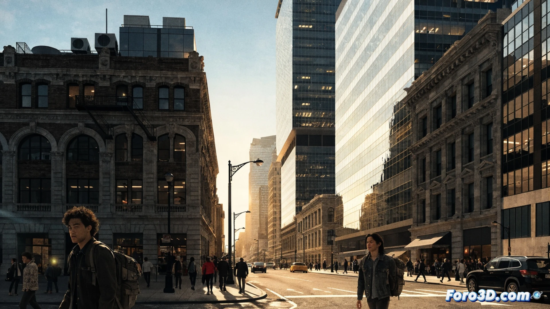 photorealistic cinematic scene, Glenn standing in a clean modern city street holding a baby, no zombies visible, while a glowing holographic tablet in his hand displays a Dead City skyline, alternate reality portal shimmering behind him, technical equipment on the ground including a portable server rack and signal antenna, cables connecting to a VR headset resting on a concrete barrier, dramatic sunlight breaking through clouds, nostalgic warm color palette, ultra-detailed urban textures, subtle lens flare on hologram edges, demonstrating the contrast between peaceful reality and apocalyptic simulation