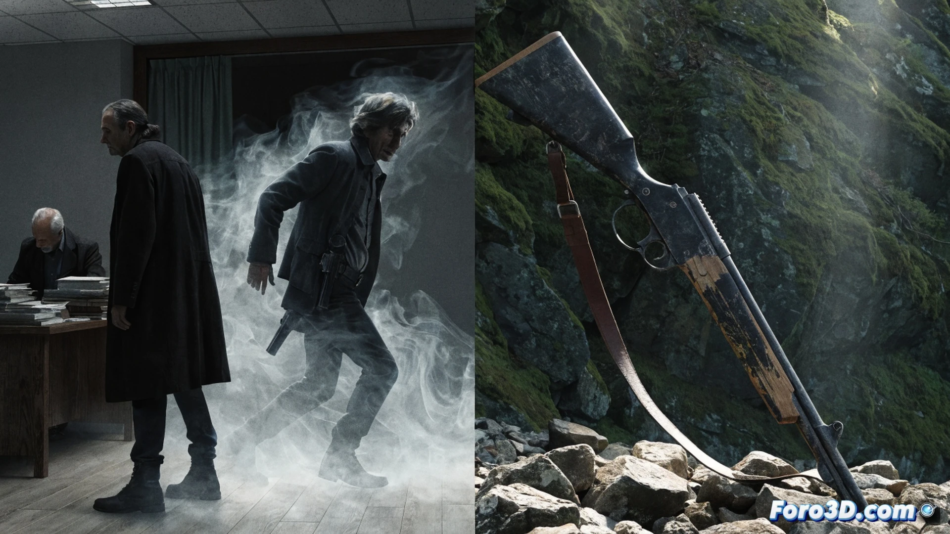 cinematic scene of Gibbs in snowy Alaskan wilderness, aiming a custom unregistered rifle with scope through falling snow, target silhouette of a villain in distance behind frozen trees, rifle barrel emitting faint smoke from recent shot, tactical gear and frost-covered hands, dramatic low-angle shot, photorealistic technical illustration, cold blue lighting, snowflakes catching muzzle flash, detailed rifle bolt mechanism and scope reticle, motion blur on falling snow, high-contrast shadows, ultra-realistic winter atmosphere