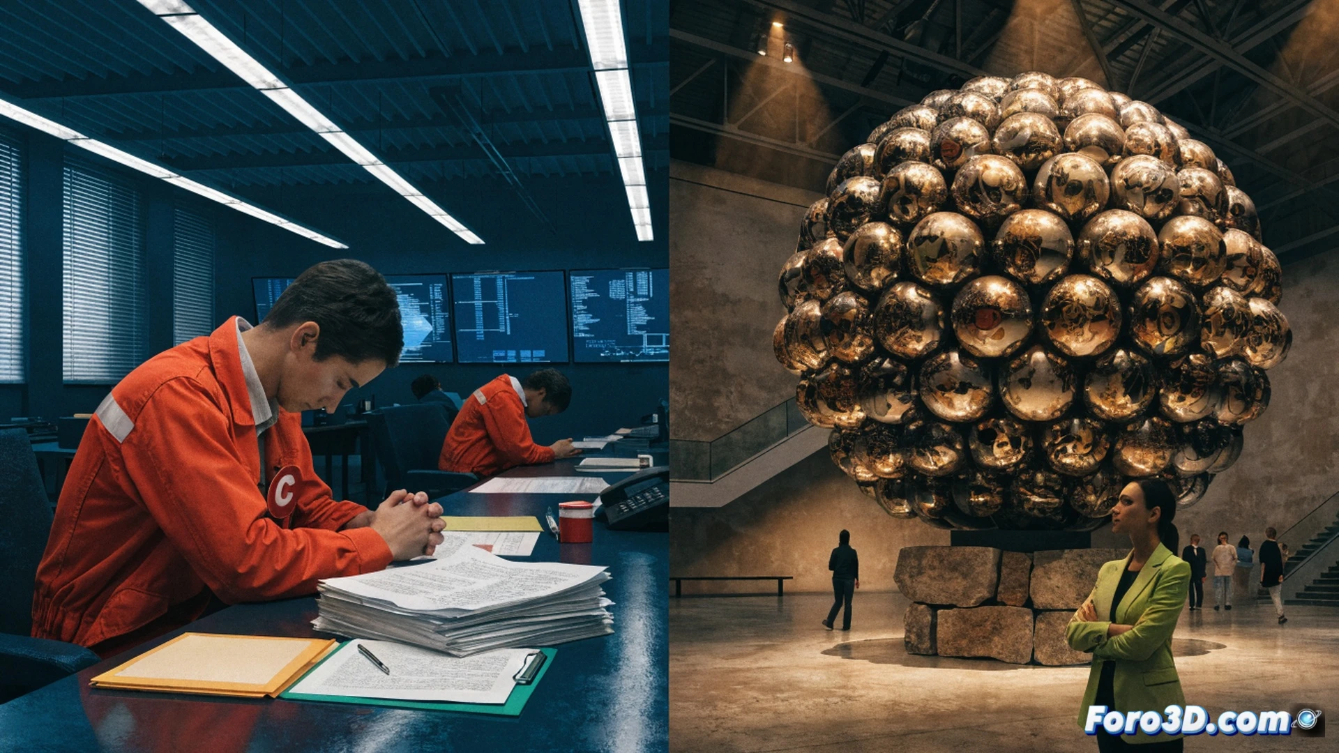 Museo Reina Sofía fachada de cristal y acero, trabajadores de mantenimiento con herramientas y escobas siendo reemplazados por robots de limpieza automatizados, salas de exposición vacías con luces tenues, un cartel de entrada gratuita desgastado, contraste entre obras de arte moderno y personal ausente, estilo cinematográfico realista, paleta de grises y azules fríos, iluminación dramática de interiores, textura de mármol pulido y metal oxidado, fotografía documental de denuncia social