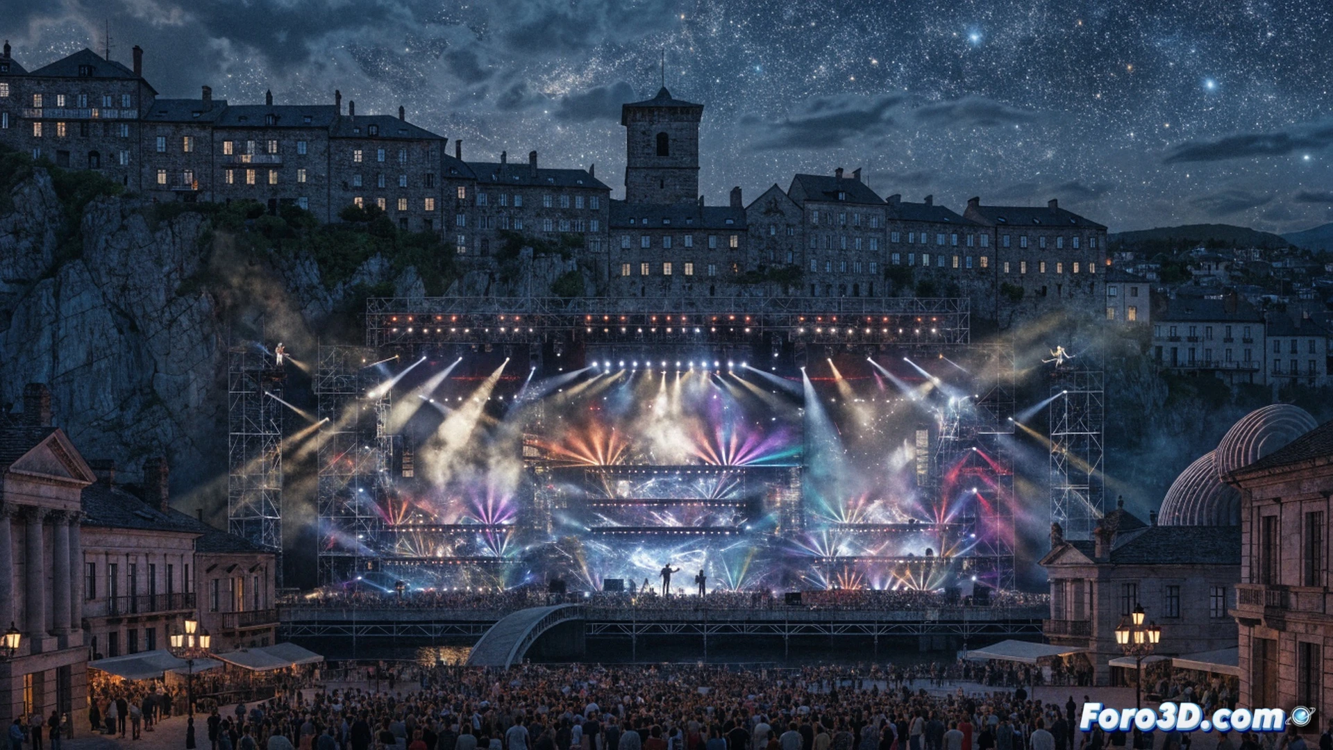multitude of raised hands and mobile phone lights illuminating a massive outdoor concert stage at dusk, crowd surging forward while a guitarist performs a powerful power chord, stage lighting rigs with truss structures and speaker arrays visible, Xunta de Galicia logo subtly integrated on a banner near the mixing console, technical crew adjusting cables and monitors in the foreground, photorealistic concert photography style, dramatic backlight from stage spotlights, haze machines creating atmospheric light beams, crowd energy captured with motion blur on waving arms, ultra-detailed festival infrastructure, cinematic wide-angle lens perspective