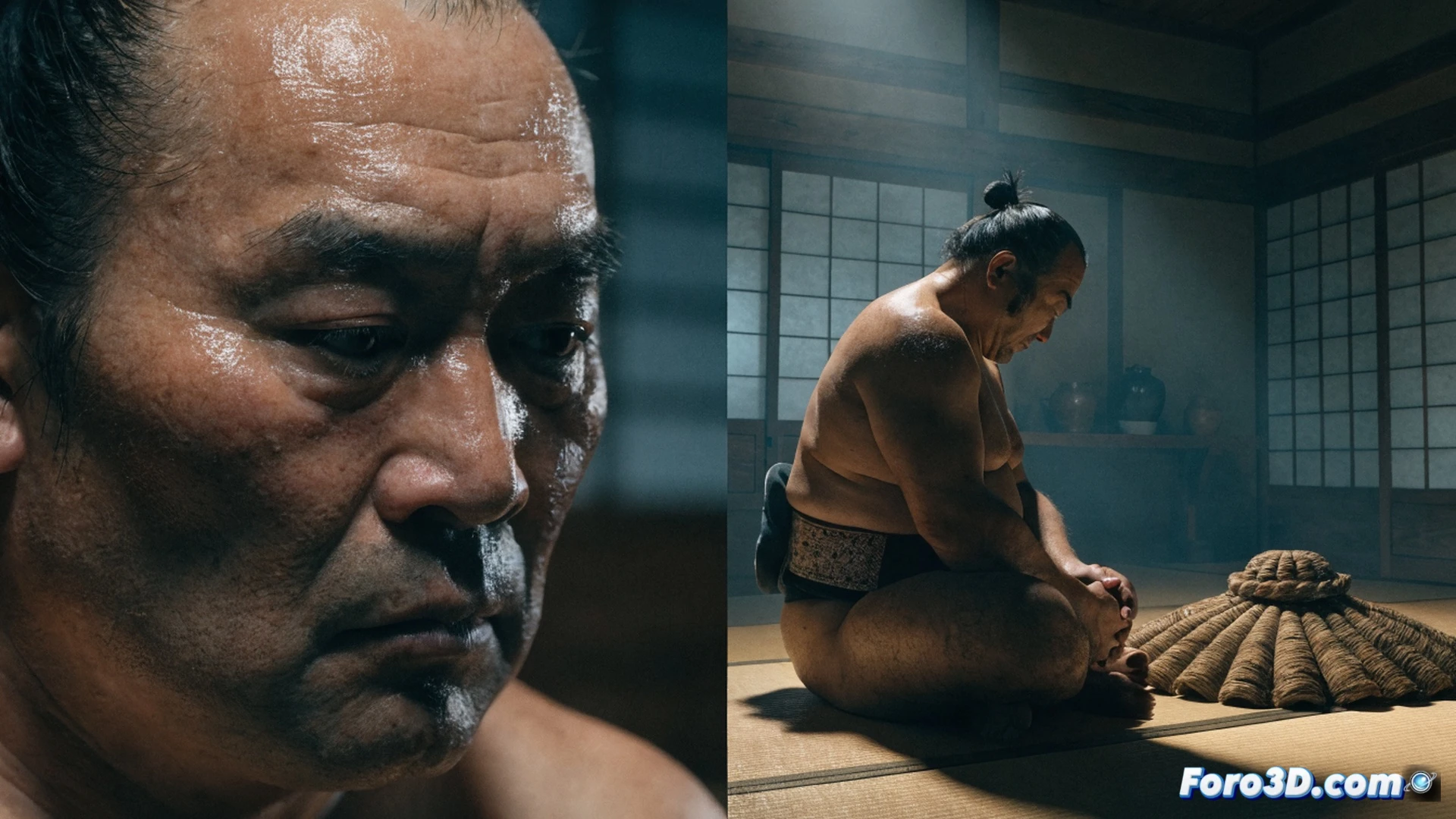 sumo wrestler Tsurugisho performing final ritual salt toss at empty dohyo arena, his scarred hands gripping salt while sweat drips onto clay surface, worn mawashi belt frayed from decades of training, shadows stretching across wooden bleachers, a single torn banzuke scroll hanging nearby, cinematic photorealistic style, dramatic low-angle spotlight illuminating his weathered face, dust particles floating in dim arena light, ultra-detailed skin texture and fabric wear, melancholic atmosphere showing forgotten athlete sacrifice