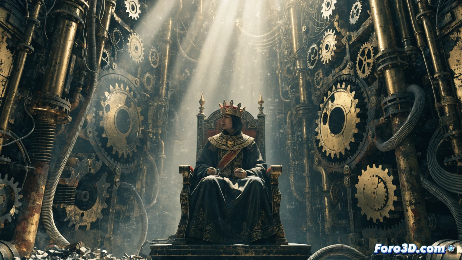 photorealistic technical illustration of a large metallic gear mechanism with rust forming on its outer teeth, while a golden royal crown hovers above, emitting a bright beam of light that activates a glowing wrench and oil droplets falling onto the gear, a digital interface showing a graph of liberty index declining without maintenance, cinematic lighting, detailed metal textures, steam rising from the gear, hyper-realistic engineering visualization, dramatic shadows and highlights