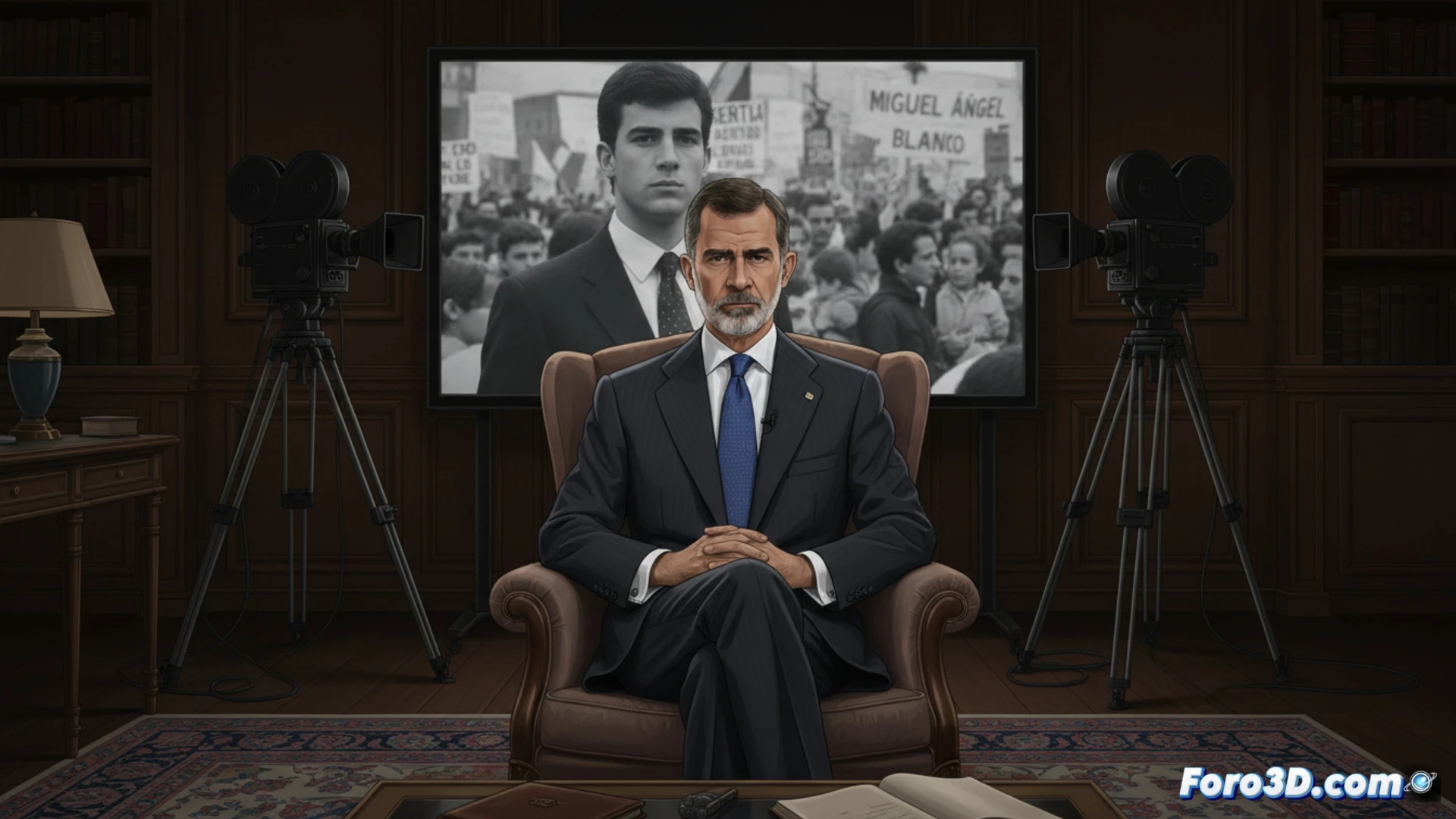 Rey Felipe VI sosteniendo un micrófono de solapa frente a una cámara de estudio de Netflix, con un monitor mostrando el logo del documental, durante una entrevista sobre Miguel Ángel Blanco, fondo oscuro con luces de plató cinematográficas, técnico ajustando el enfoque de una lente de cine, cables y equipo de grabación visibles, photorealistic cinematic render, iluminación dramática de alto contraste, texturas metálicas de trípodes y micrófonos, atmósfera seria y documental, ultra-detallado.