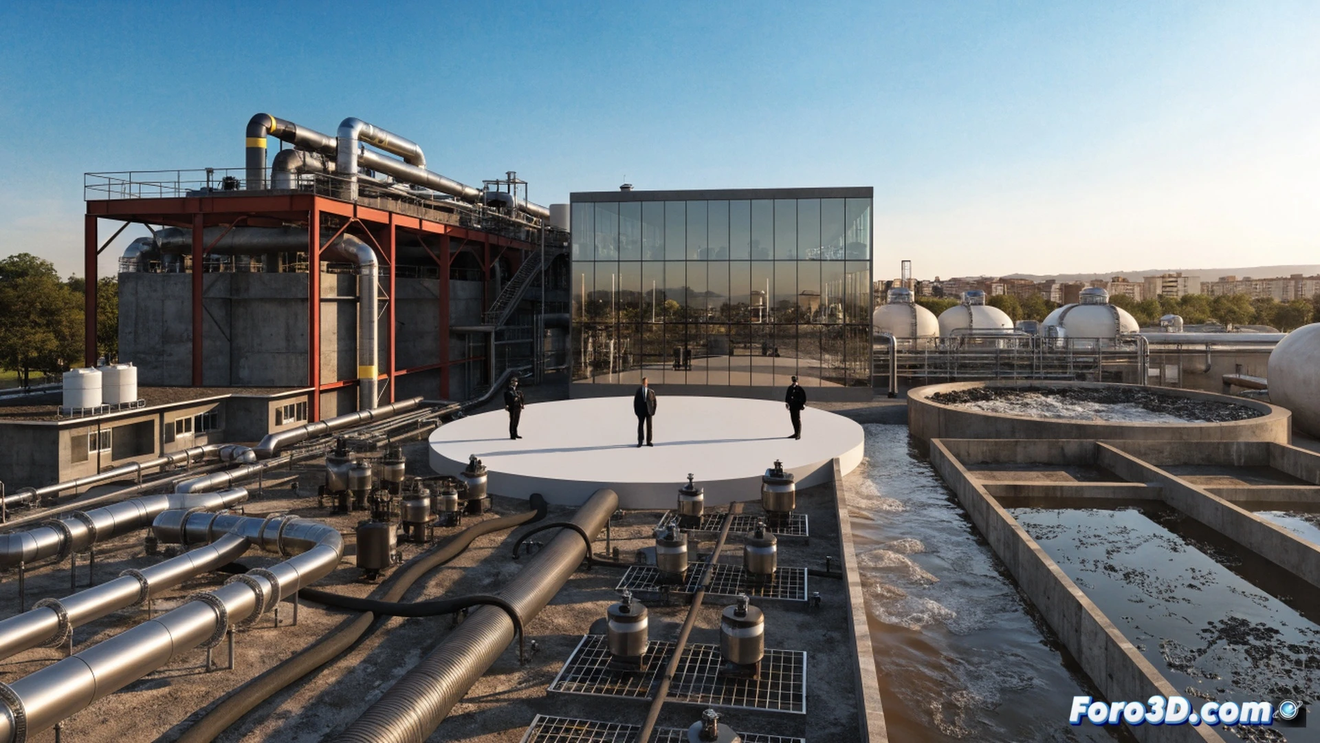 Planta de hidrógeno verde con agua residual depurada, tanques cilíndricos metálicos conectados por tuberías, proceso de electrólisis mostrando burbujas de gas ascendiendo, agua turbia entrando por conductos de acero inoxidable, operarios con cascos y gafas revisando paneles de control digital, luces LED azules y blancas iluminando el flujo, fondo industrial con tuberías y válvulas, estilo photorealistic engineering visualization, alta definición técnica, reflejos metálicos, ambiente de sostenibilidad y alta tecnología, sin texto ni números visibles