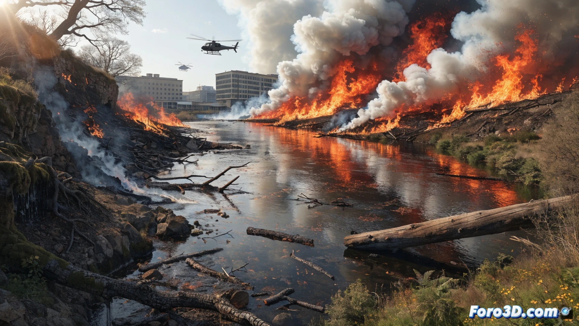 dry riverbed of Segura river with overgrown dry bushes and reeds on both banks, a wildfire starting along the left margin with flames consuming dense vegetation, a technical inspection drone hovering mid-frame with thermal camera attachment showing hot spots on a tablet screen held by a firefighter in protective gear, while a small excavator parked idle on a cleared patch nearby demonstrates lack of preventive maintenance, cinematic photorealistic visualization, dramatic smoke-filled sky, orange and grey lighting, ultra-detailed textures of ash and charred plants, engineering illustration style with clear contrast between burning neglect and unused machinery