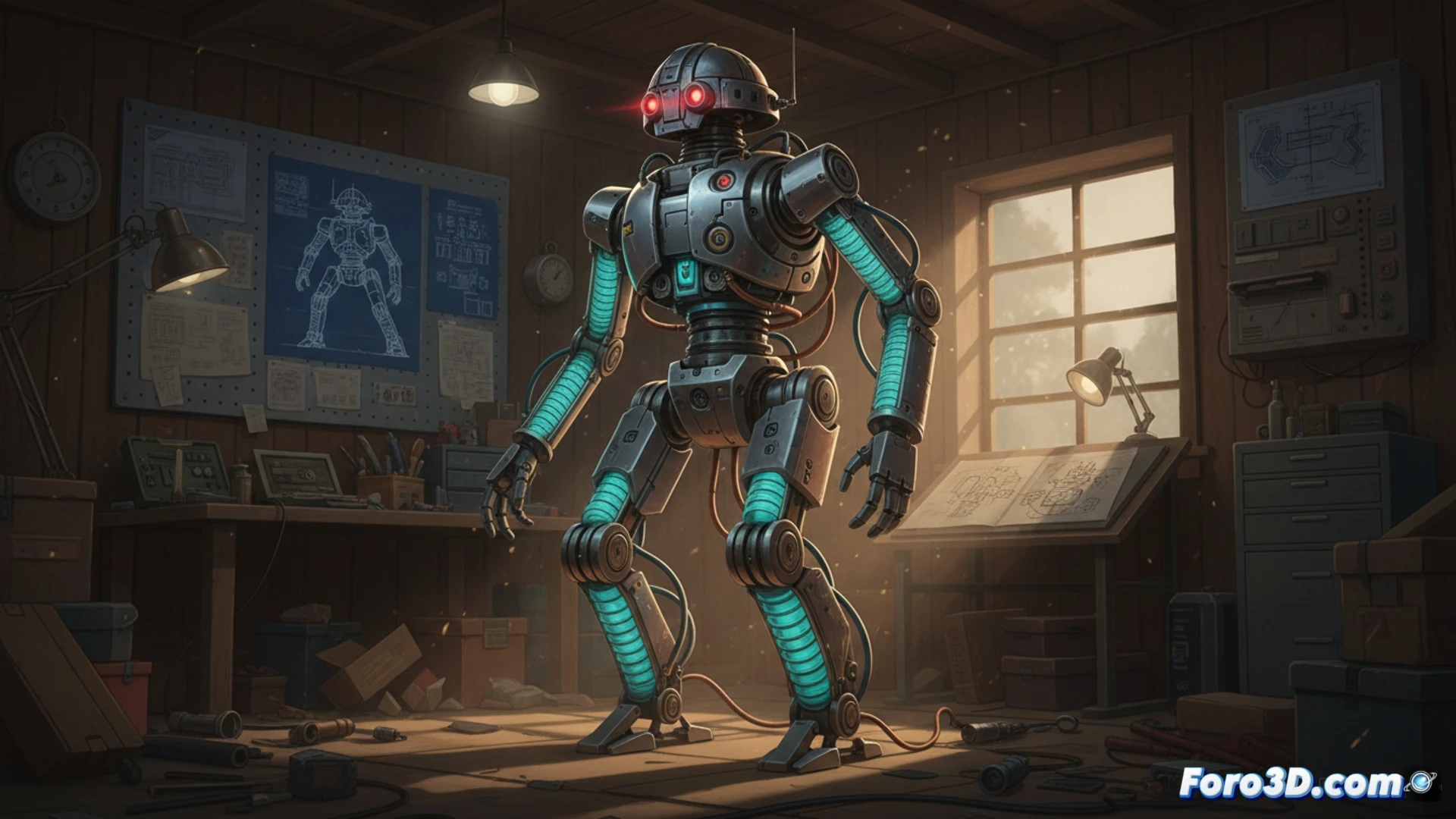 Descripción (80-120 caracteres):  
Un robot bípedo casero de los años 80, con músculos de aire comprimido, cables y piezas metálicas, camina sobre un suelo de garaje.