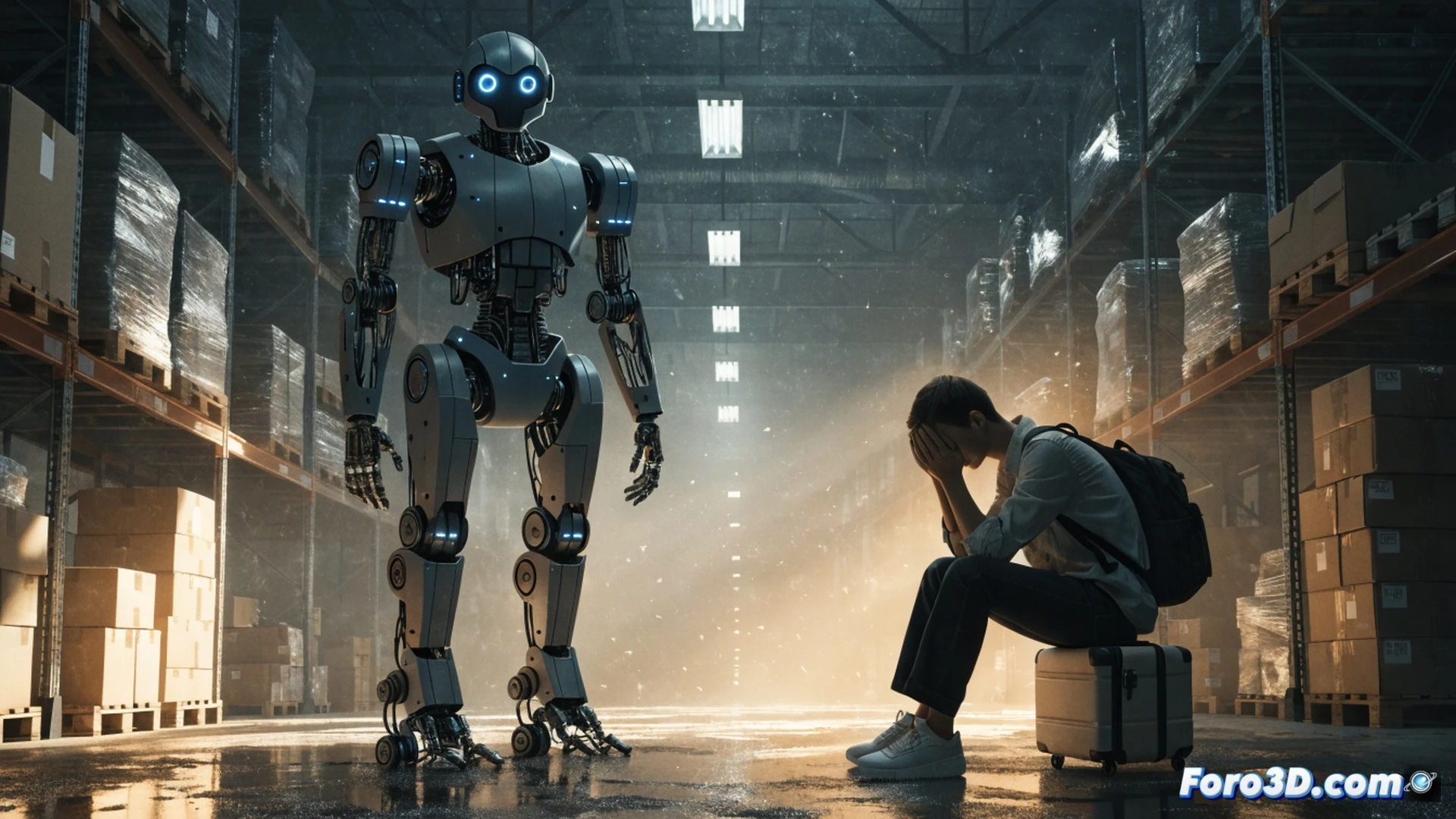 Industrial warehouse interior, humanoid robot with metallic limbs efficiently stacking cardboard boxes onto a pallet, robotic arm moving with precision, glowing LED indicators on its torso, while a human worker in a worn uniform stands idle in the background, hands in pockets, watching the automation, forklift parked unused, conveyor belt running empty, cold fluorescent lighting casting long shadows, dust particles floating in light beams, photorealistic cinematic style, high contrast, sharp focus on robot action and human stillness, dramatic socioeconomic tension, ultra-detailed textures of concrete floor and machine surfaces