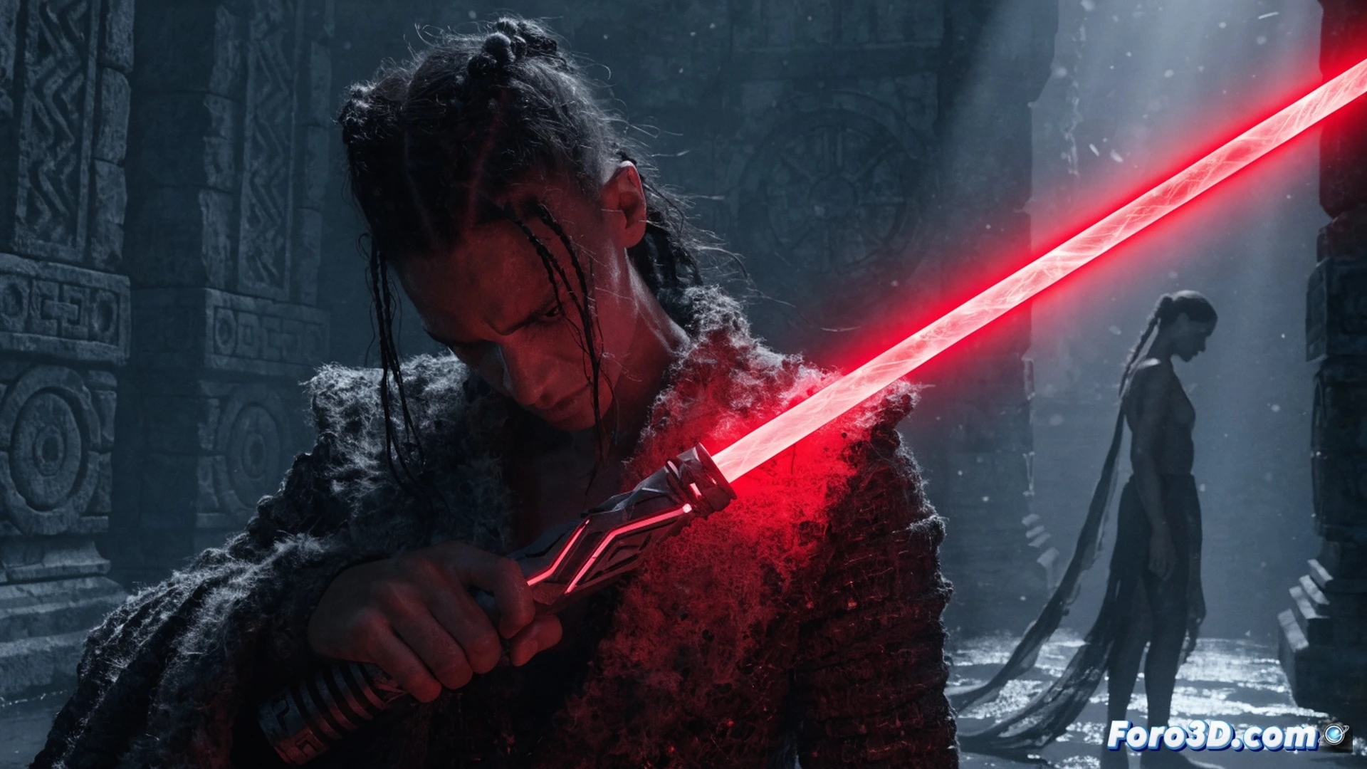 A dark-glowing kyber crystal inside a sable laser hilt cracking and bleeding red energy during corruption, Jedi hands gripping the weapon while dark smoke rises, sparks and electrical arcs jump from the emitter matrix, internal circuitry visible through a transparent panel showing the crystal chamber, cinematic engineering visualization, dramatic side lighting on metallic surfaces, photorealistic technical render, intense action moment, glowing red veins spreading across the crystal surface, detailed mechanical components, high-contrast shadows