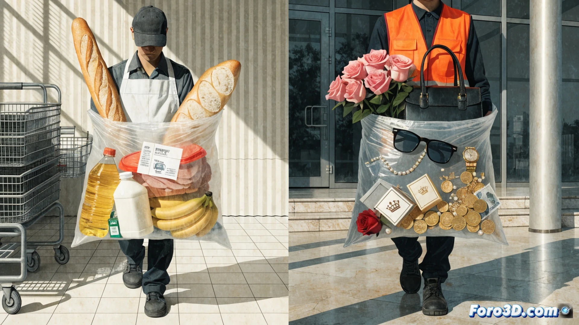 European minimum wage comparison infographic, a Spanish worker holding a shrinking euro coin while a French and German worker hold larger coins, coins shrinking in size as basic expense icons like a house, bread loaf, and lightbulb grow larger around them, photorealistic technical illustration, dramatic lighting casting long shadows over a map of Europe, worker figures in business casual attire, coin surfaces showing engraved EU stars, inflation arrows pointing downward, clean engineering visualization style, detailed textures on clothing and coins, cinematic depth of field, realistic material rendering