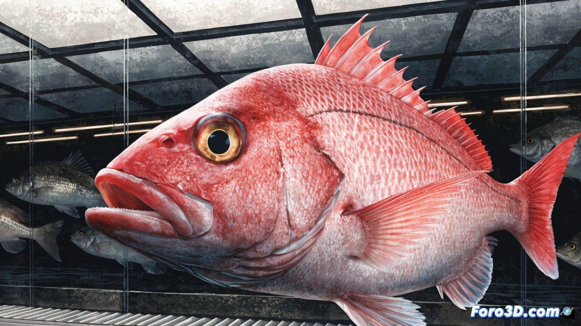 close-up of a salmonete rojo lying on a digital price scale in a fish market, its bright red skin contrasting with pale ice beneath, a hand holding a credit card approaching the payment terminal, while a holographic price tag floats above the fish showing a rising cost curve, photorealistic technical illustration, cold fluorescent market lighting, sharp reflections on wet scales, subtle water droplets on the camera lens, hyper-detailed texture of fish skin and ice crystals, cinematic depth of field
