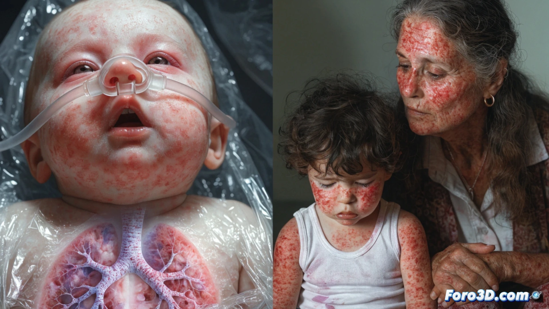 photorealistic medical illustration of a child with visible red rash on face and torso during fever, pediatrician using digital thermometer while holding a tablet displaying vaccination schedule chart, empty clinic waiting room with vaccination posters on walls, soft clinical lighting, detailed skin texture showing measles spots, medical equipment like stethoscope and vaccine vials visible on desk, cinematic documentary style, shallow depth of field, realistic human anatomy rendering