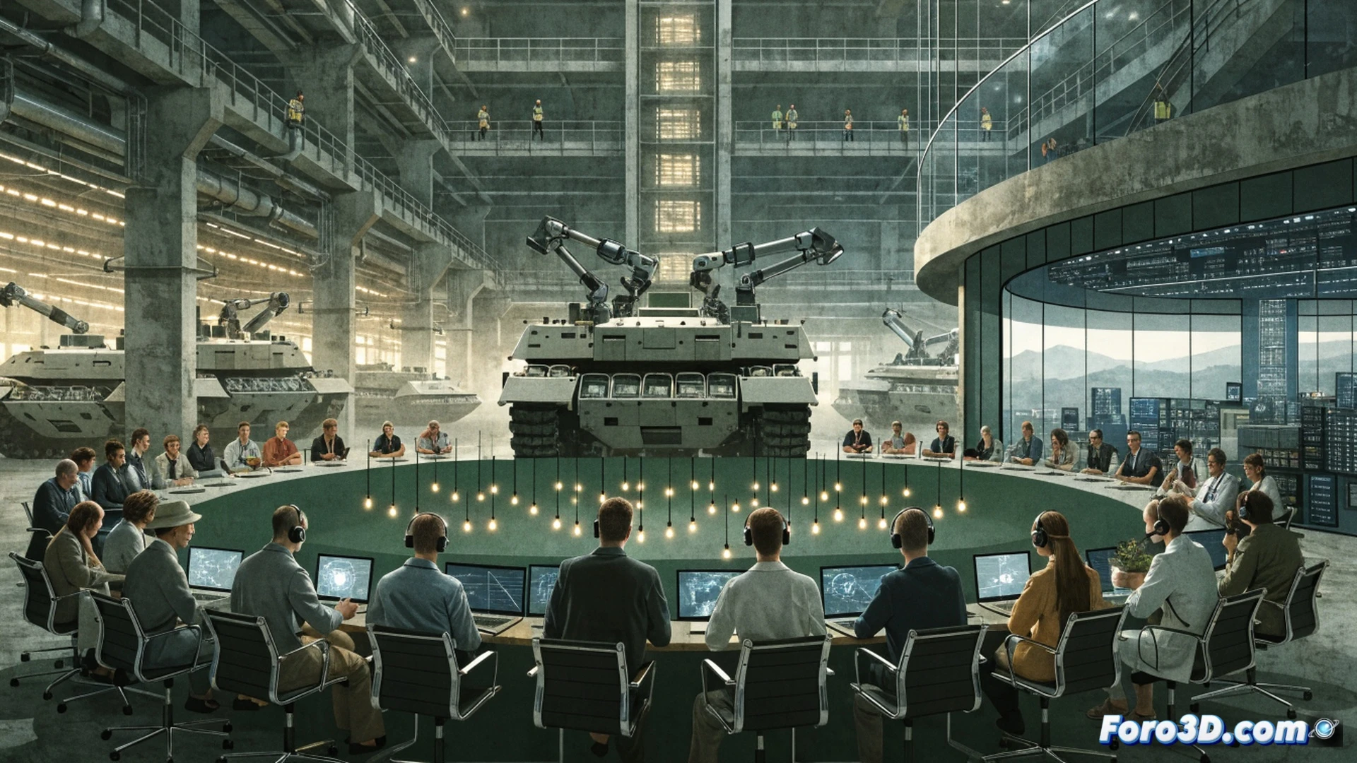 Aerial view of a Leopard 2 tank factory interior, two figures in civilian clothes inspecting a partially disassembled turret, one holding a gardener’s pruning shears while the other uses a veterinary stethoscope on the tank’s engine block, exposed wires and hydraulic lines around them, financial charts projected on a nearby wall showing stock market growth, industrial ceiling lights casting cold blue shadows, photorealistic technical illustration, ultra-detailed mechanical components, dramatic contrast between organic tools and military hardware, cinematic engineering visualization