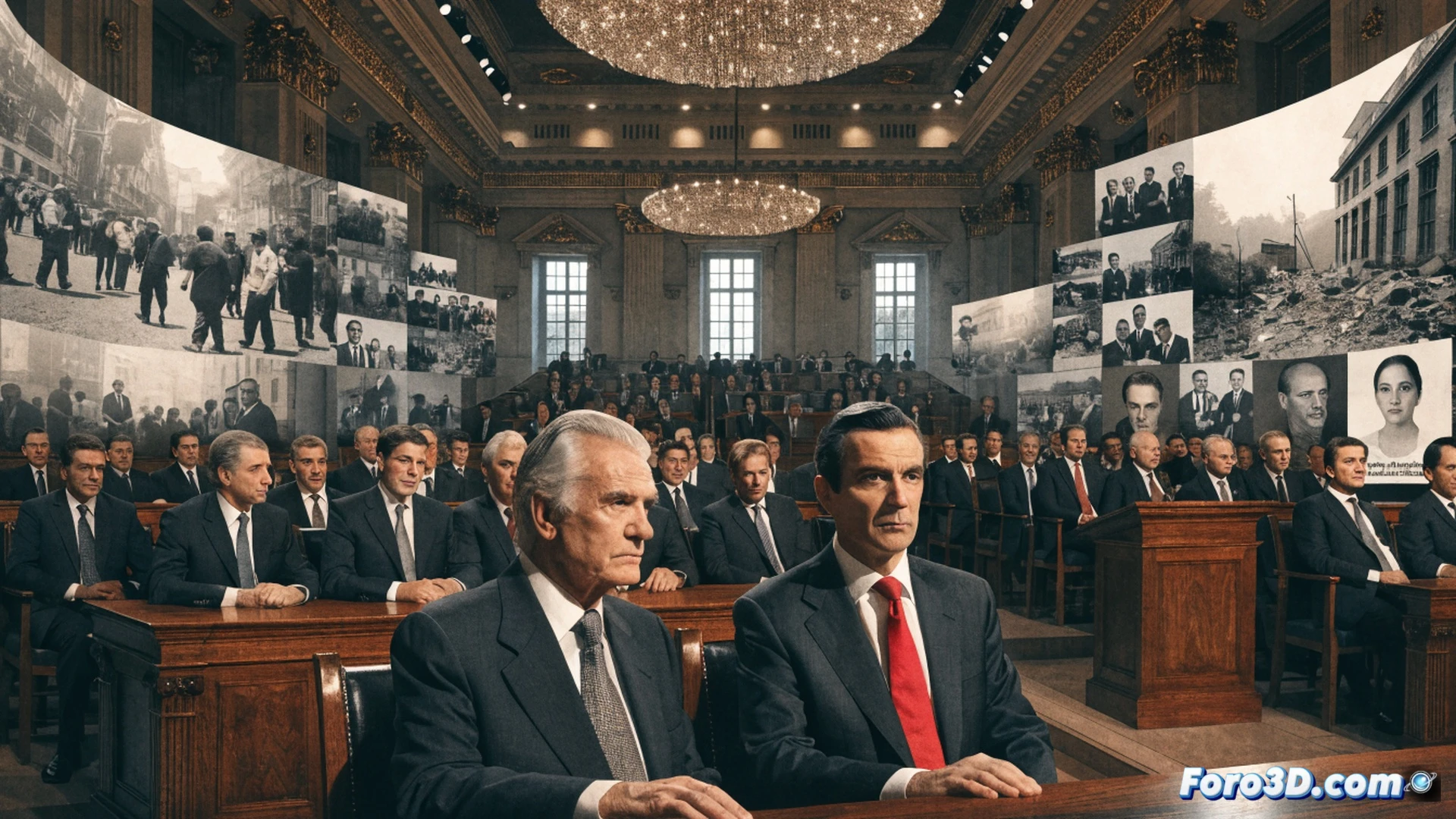Senado español abarrotado durante minuto de silencio, expresidentes González y Aznar juntos frente a atril de mármol, vitrina con fotografías históricas de atentados y portadas de periódicos envejecidos, luz tenue de focos cenitales sobre las cabezas de los asistentes, manos sosteniendo velas encendidas, pared de fondo con el escudo de España en bronce pulido, estilo cinematográfico fotorrealista, composición solemne y simétrica, textura de madera noble en bancos, reflejos en el suelo de mármol pulido