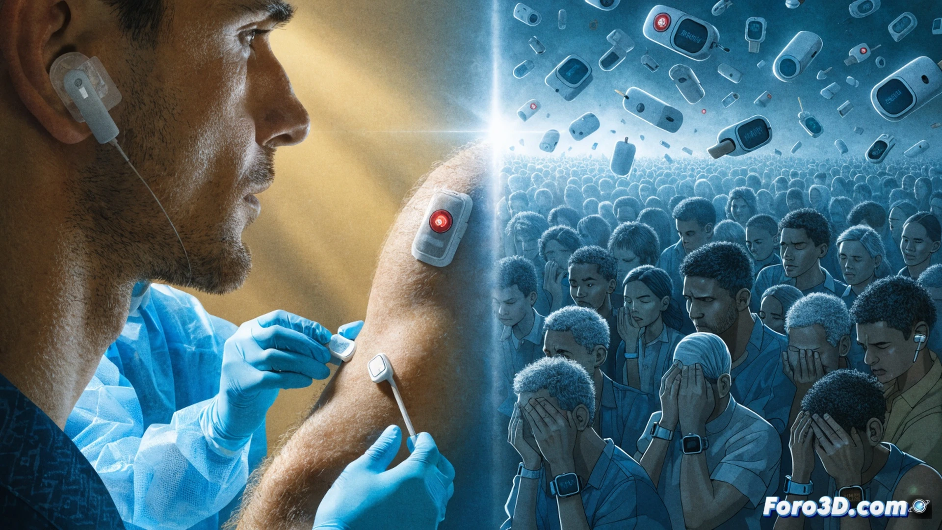 Photorealistic cinematic scene showing two parallel hospital rooms divided by a transparent barrier. Left side: Alexander Zverev receiving instant sensor replacement from a technician, glowing glucose monitor on his arm, futuristic medical equipment around him. Right side: anonymous diabetic patient staring at faulty sensor reading on a smartphone app, error warning symbol visible on screen, empty waiting room, no medical staff present. Contrasting lighting: warm golden light on left, cold blue shadow on right. Ultra-detailed medical devices, realistic skin textures, dramatic chiaroscuro lighting, hyperrealistic technical illustration style, 8K render quality.