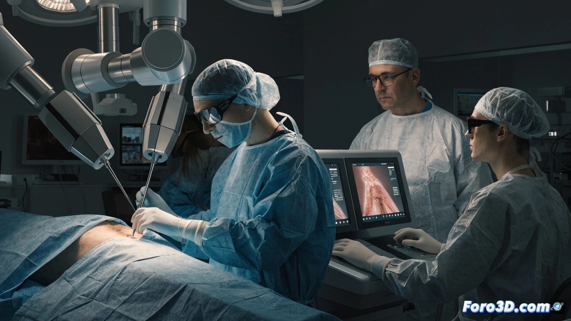 Surgical robot Da Vinci in operation, four robotic arms positioned over a patient on an operating table, surgeon at a console in background manipulating controls, green and blue sterile draping, laparoscopic instruments entering a small incision, high-tech medical monitors displaying real-time 3D endoscopic view, surgical team observing from side, bright white operating room lights, reflective metallic surfaces on robotic joints, minimal shadows, photorealistic medical visualization, cinematic technical illustration, precise mechanical action during a minimally invasive procedure