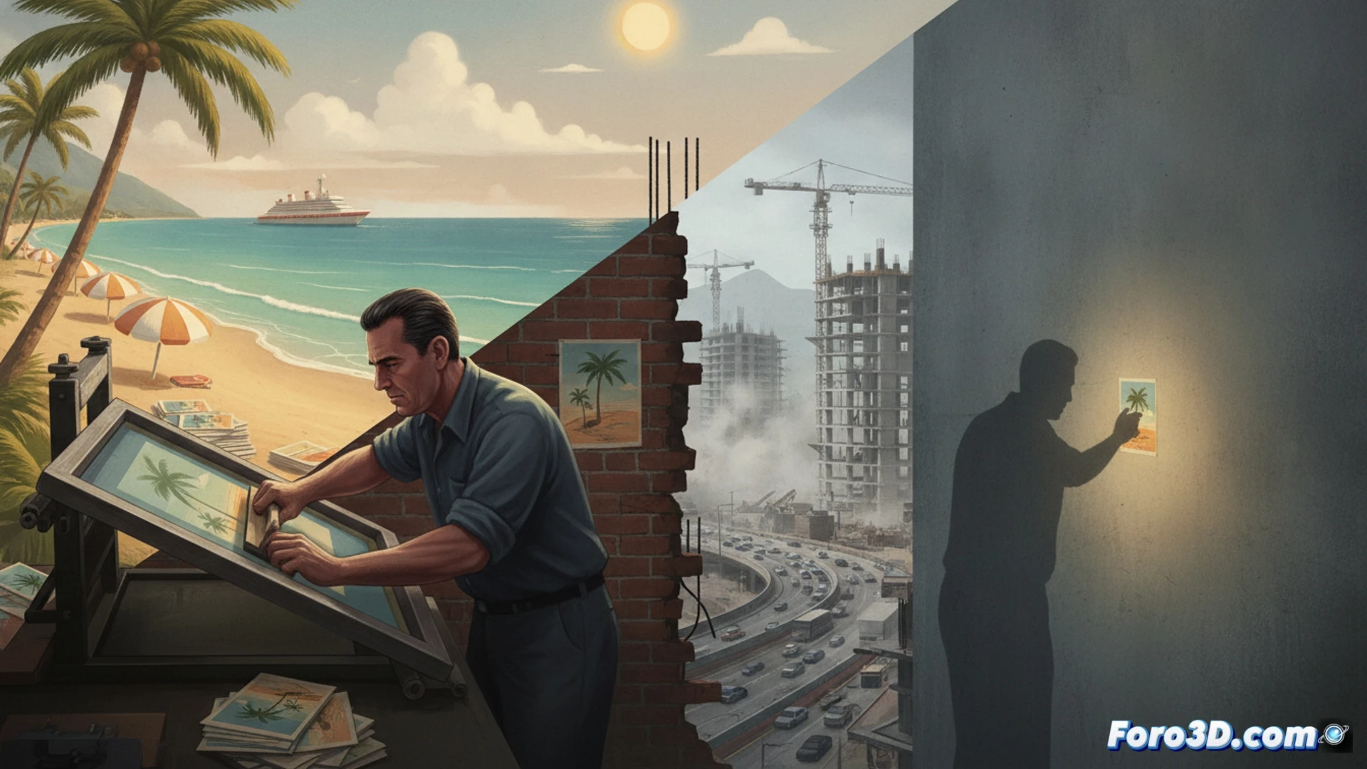 vintage serigraphy workshop scene, artist Salvador Magallón pulling a wooden squeegee across a silk screen, wet cyan ink spreading over a postcard design showing a pristine Mallorca cove with turquoise water, while behind him a large window reveals a cement mixer and bulldozers carving a hillside under hazy construction dust, half-finished hotel frames rising, stark contrast between paradise image and concrete reality, cinematic photorealistic style, dramatic split lighting, warm nostalgic tones on the screen side, cold industrial greys on the construction side, fine ink mesh details, aerosol particles catching sunlight, ultra-detailed technical illustration