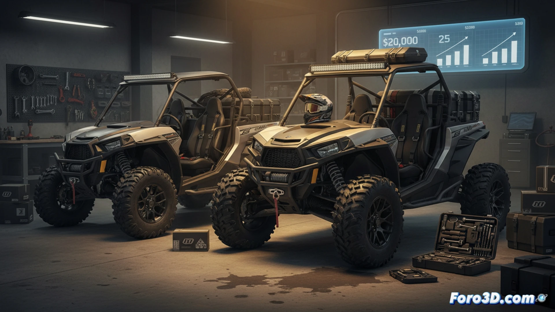 side-by-side off-road vehicle in a showroom, base model priced at 20k dollars, surrounded by scattered accessories including racing harnesses, helmets, neck braces, and specialized off-road tires, a mechanic demonstrating the installation of a branded accessory kit with overpriced components, tools laid out on a workbench showing hidden costs, dramatic contrast between the cheap base chassis and expensive add-ons, cinematic photorealistic technical illustration, industrial lighting highlighting the financial disparity, ultra-detailed mechanical parts and safety gear, realistic showroom environment