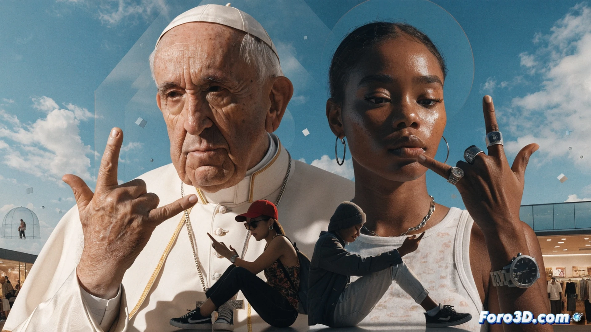 Dos manos jóvenes y una mano con anillo papal realizando el gesto six-seven en sincronía, dedos formando el símbolo mientras un smartphone muestra una edición de video en TikTok con barras de herramientas de edición, fondo de pantalla verde croma y controles deslizantes de audio, sobre una mesa de diseño digital con tableta gráfica y stylus, estilo cinematic photorealistic, iluminación dramática de estudio con contraste suave, texturas de piel detalladas, reflejos metálicos en el anillo, bokeh de luces LED de estudio, composición simétrica mostrando el proceso de creación de contenido viral