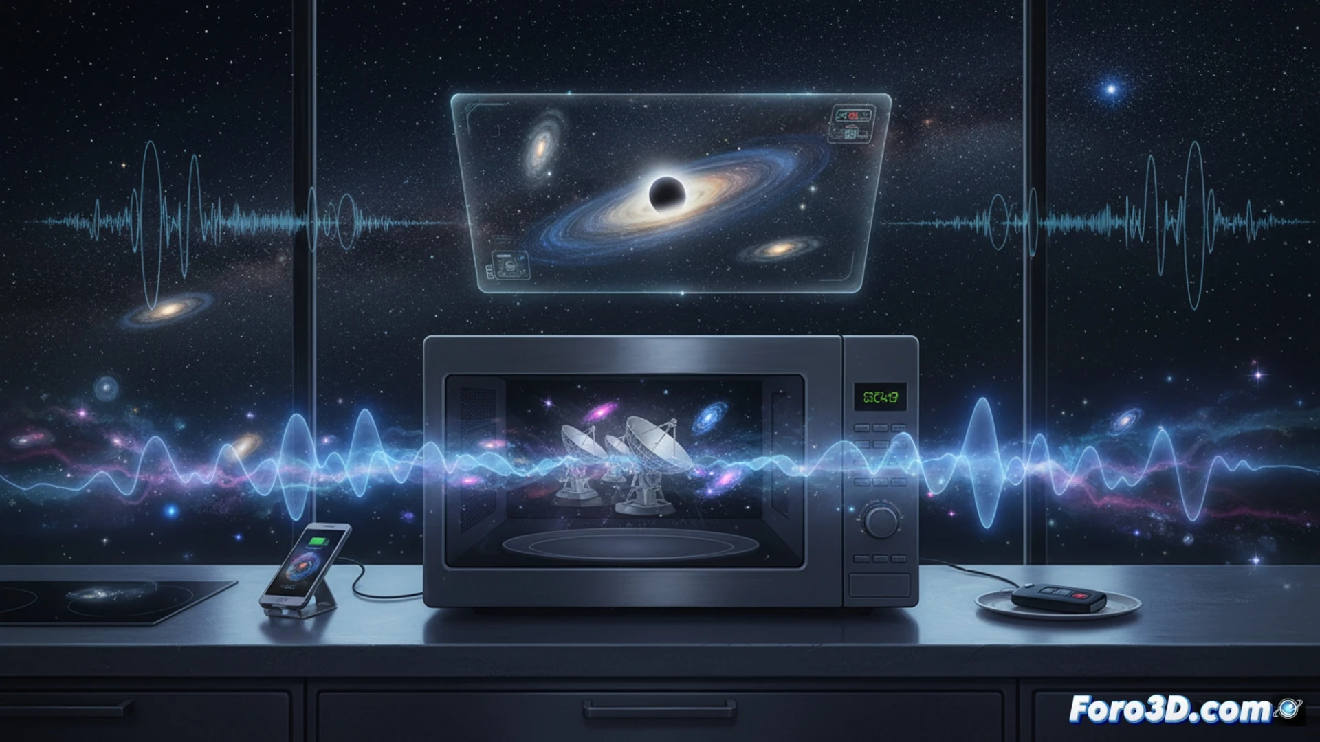 Estilo cinematográfico de ilustración técnica, escena nocturna de cocina minimalista con un plato de pizza dentro de un microondas abierto, ondas de radio visibles como arcos pulsantes de color cobalto y naranja emergiendo del interior, mientras una antena parabólica del telescopio SKAO se refleja en la ventana de la cocina, ondas de radio viajando desde el microondas hacia el cielo estrellado, conectando lo cotidiano con galaxias lejanas, agujeros negros representados como siluetas oscuras en el fondo cósmico, superficies metálicas pulidas, iluminación dramática de alto contraste, render fotorrealista.