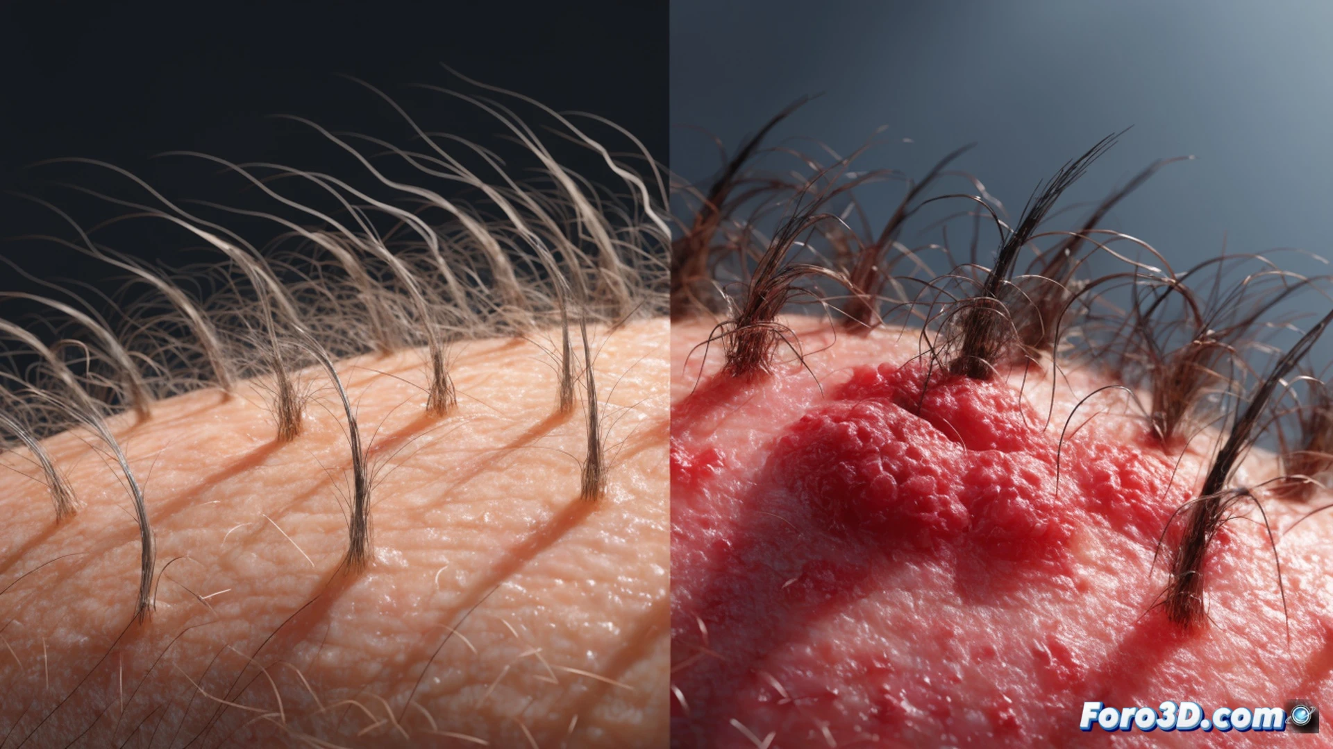 Close-up photorealistic technical illustration of a human scalp with thinning hair under intense sunlight, UV rays visualized as glowing orange particles penetrating through hair shafts and directly hitting the skin surface, a handheld spray bottle in action misting UV-protective formula onto the scalp during midday outdoor exposure, microscopic damage zones on skin cells shown as red-hot patches, cinematic side lighting casting sharp shadows from hair strands, hyper-detailed skin texture with visible pores and sun-induced erythema, engineering visualization style with cross-section cutaway revealing UV radiation path through epidermis, dramatic high-contrast lighting emphasizing sun hazard, photorealistic medical illustration quality