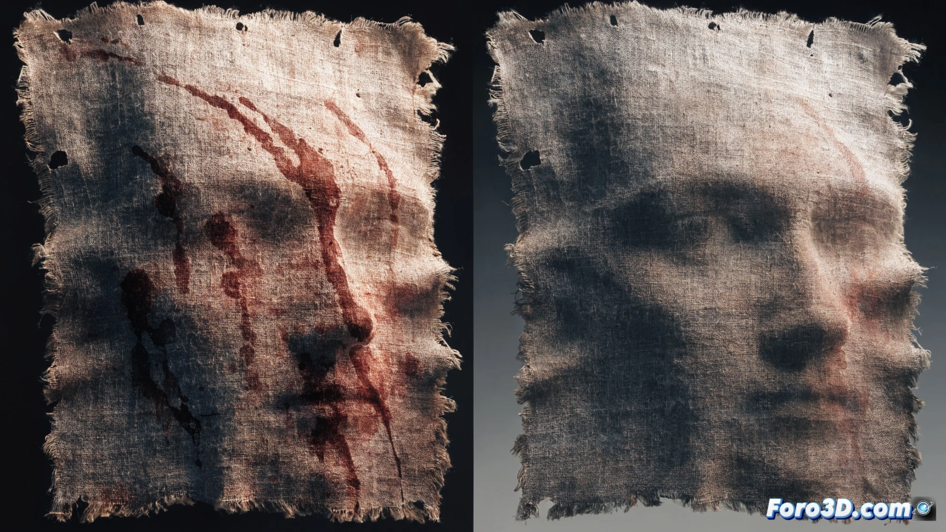 Antique linen cloth being unfolded by gloved hands in a dim stone crypt, bloodstain patterns on the fabric aligning with facial contours as a holographic skull overlay demonstrates anatomical match with Turin Shroud, forensic light revealing iron oxide and bilirubin traces, medieval reliquary chest in background, cinematic photorealistic visualization, dramatic side lighting from a single candle, dust particles suspended in air, ultra-detailed textile weave and crusted blood textures, solemn archaeological atmosphere, technical forensic illustration style