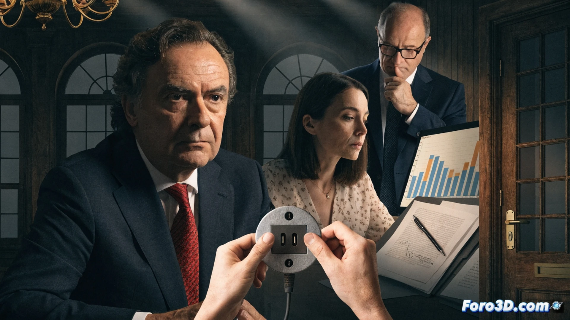 photorealistic scene of a government office desk with an empty chair, a signed contract and a stack of euros on the table, a hand reaching to stamp an official seal while another hand pulls papers away from view, broken chain-link fence symbolizing bypassed controls, dramatic shadows cast by venetian blinds, cinematic lighting, corrupt administrative process demonstrated, technical illustration style, ultra-detailed textures, cold institutional color palette