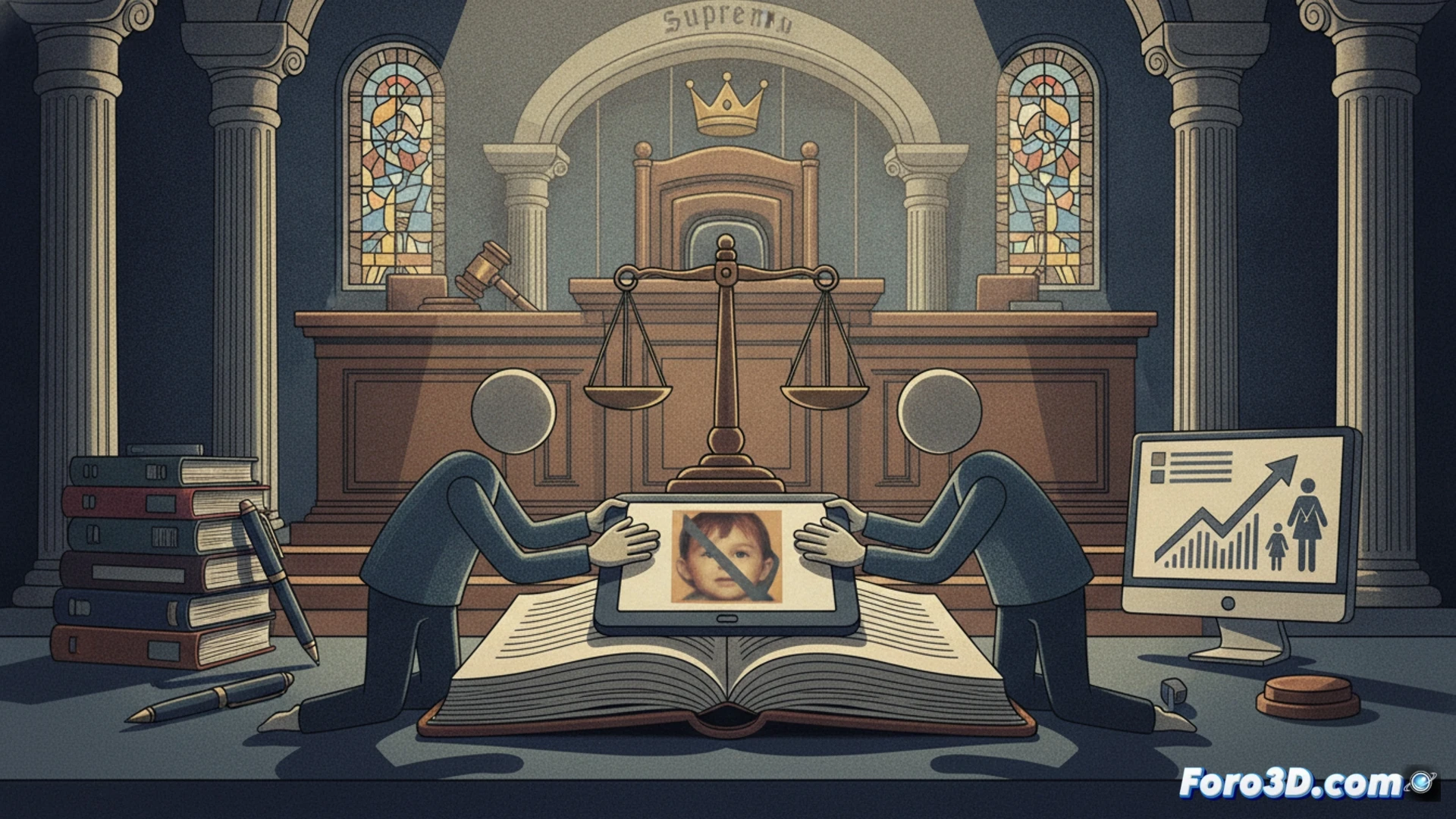 photorealistic scene of a smartphone held by a parent, screen showing social media upload button greyed out, second parent’s hand reaching to block the action, child’s blurred face in background, judge’s gavel and legal documents on a desk nearby, digital lock icon hovering over the child’s image, court seal watermark on a tablet, technical illustration style, dramatic courtroom lighting, shallow depth of field, metallic gavel reflection, 8K detail, cinematic composition
