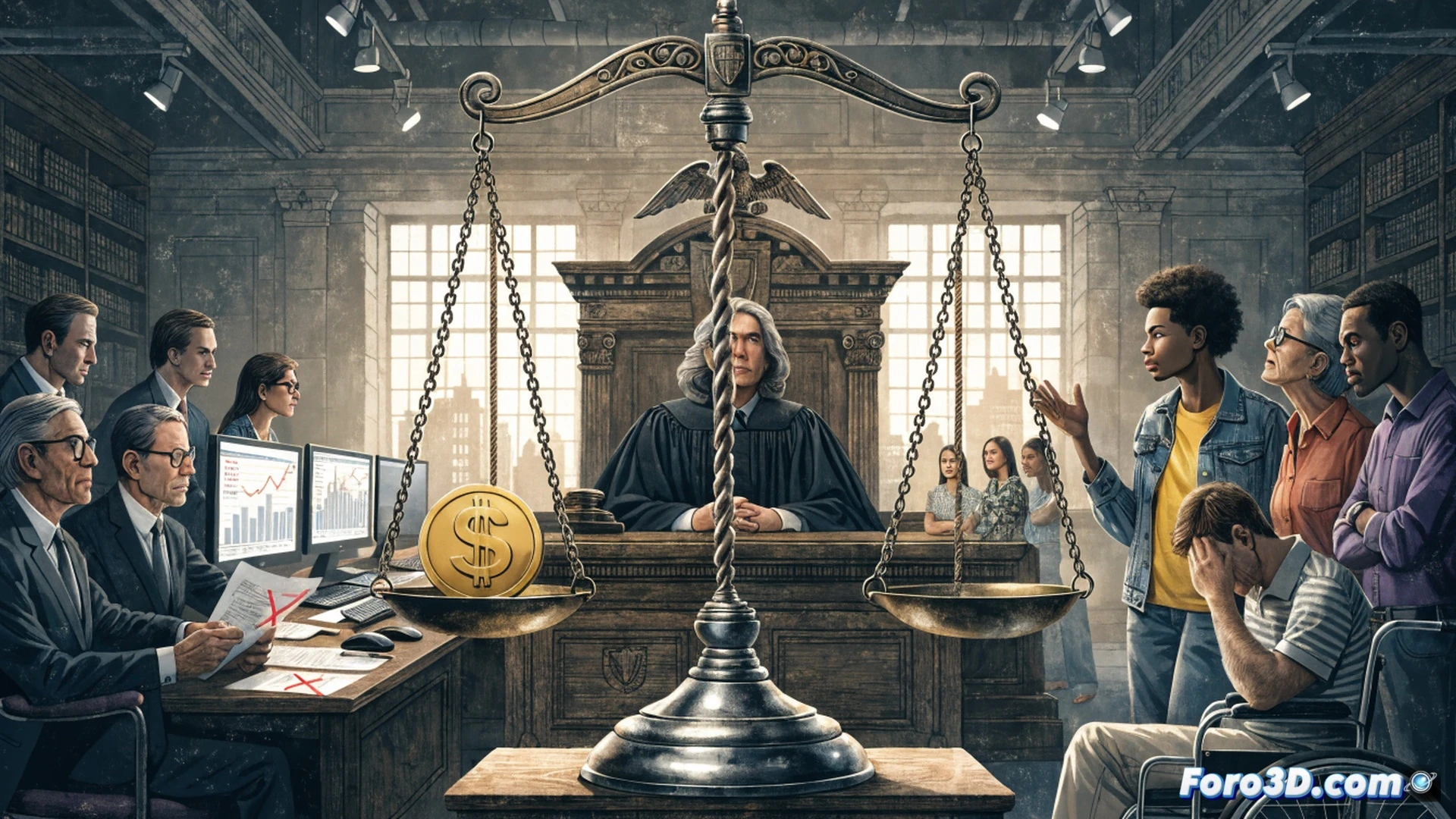 insurance claim document with a large hourglass overlaying the paper, sand grains falling slowly while a judge's gavel strikes down creating a shockwave that shatters the hourglass, scattered coins and contract papers flying, technical illustration style, photorealistic legal document textures, dramatic courtroom lighting, high contrast shadows, detailed paper fibers and ink, action shot of the gavel impact mid-strike, frozen motion of breaking glass and floating currency, cinematic legal visualization