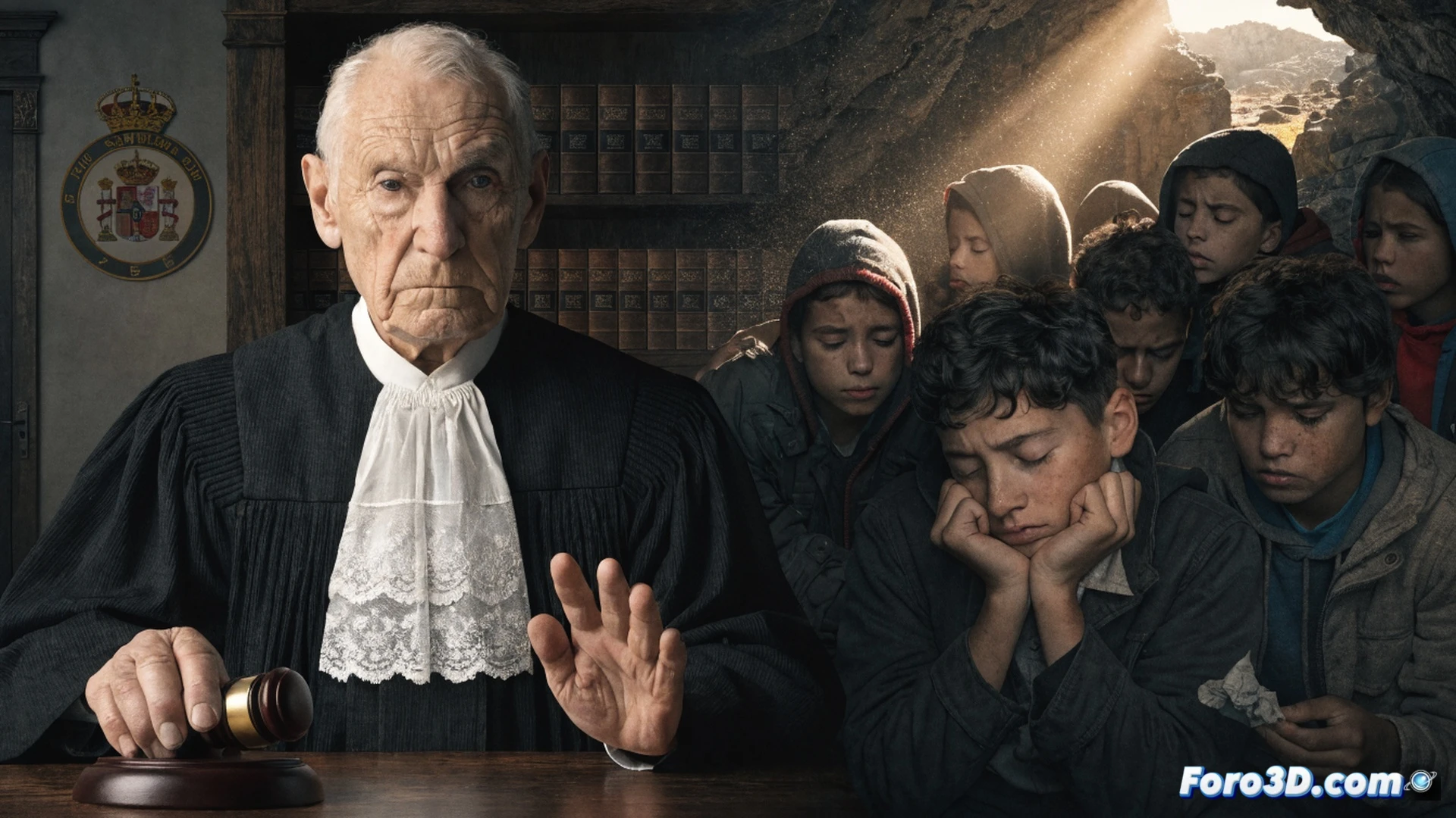 Stylized photorealistic technical illustration, a large judicial gavel striking a fragmented map of Spain, Aragon region highlighted in red, pieces of a broken legal document scattering, smaller silhouettes of children and social workers emerging from the broken map, a digital tablet showing a rejected appeal interface on a nearby desk, dramatic overhead lighting casting long shadows, cold blue and grey tones contrasting with warm orange emergency signals, cinematic composition, high contrast, ultra-detailed textures of wood and paper, symbolic representation of legal enforcement and territorial obligation.
