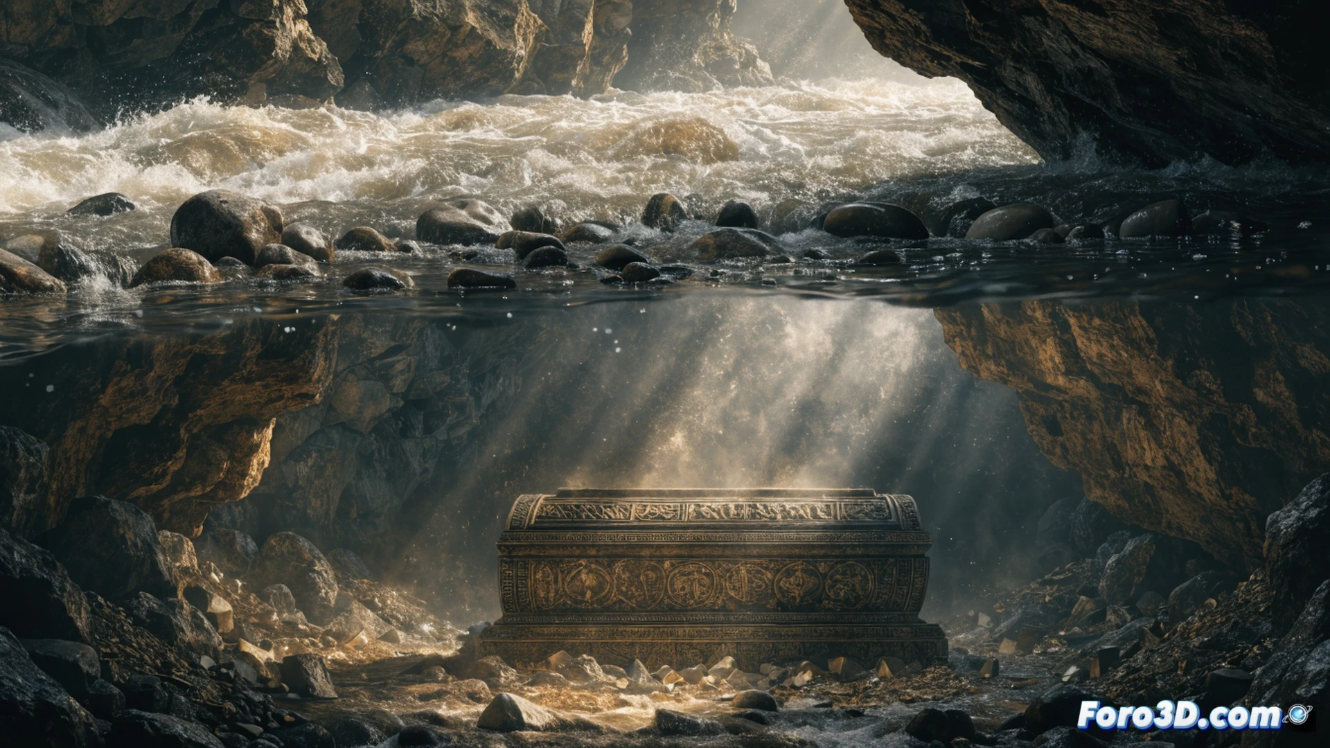 Visigoth warriors diverting the Busento river with wooden shovels and ropes, excavated trench in dry riverbed revealing a burial pit, king Alarico’s body laid inside with gold and silver artifacts, water being channeled back over the grave, cinematic historical engineering visualization, muddy terrain, wet rocks, dramatic sunset lighting, photorealistic technical illustration, ancient construction process shown in action, turbulent water flow, detailed Roman-era tools and armor