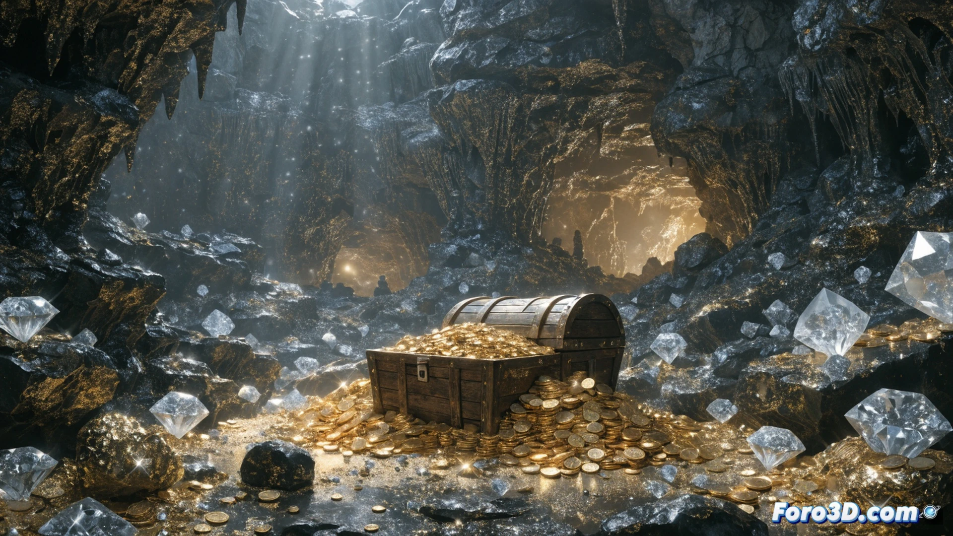 Paul Kruger figura oculta en cueva iluminada por linterna, apilando lingotes de oro y bolsas de diamantes en un cofre de madera, mapa del Transvaal desplegado sobre roca polvorienta, brújula y pico de minero junto a herramientas de excavación, polvo dorado flotando en rayos de luz tenue, estilo cinematográfico fotorrealista, textura de metal oxidado en lingotes, sombras dramáticas, escena de acción de ocultamiento de tesoro, ambientación histórica 1900
