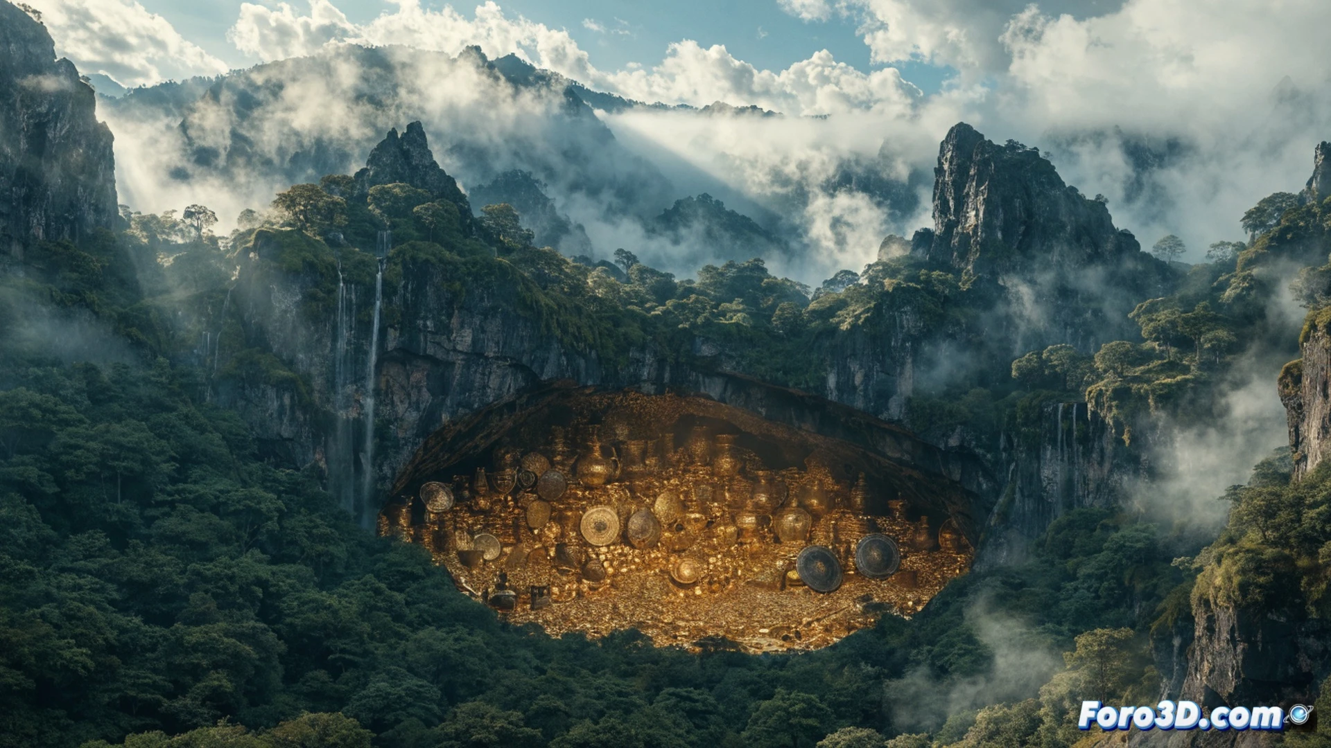 Andean mountain crevice at dawn, two explorers in rain gear using metal detectors and ground-penetrating radar equipment, scanning rocky terrain while mist swirls around jagged peaks, golden sunlight breaking through clouds illuminating a hidden stone entrance partially covered by moss and roots, one researcher holding a tablet displaying 3D subsurface scanning data, technical exploration scene, photorealistic cinematic style, dramatic chiaroscuro lighting, ultra-detailed geological textures, moisture on stone surfaces, expedition gear scattered near a tent, intense focus on the detection process, high-contrast shadows emphasizing the mysterious atmosphere