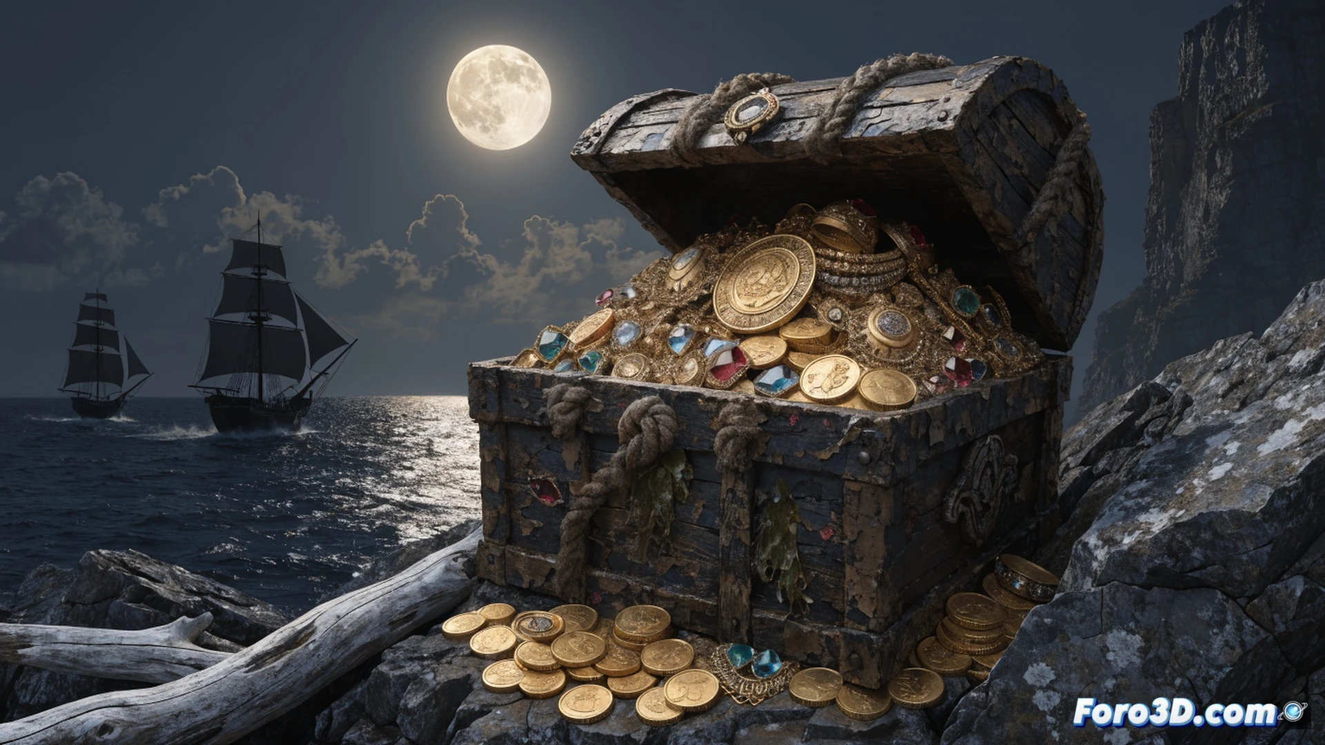 old treasure chest half-buried in tropical island sand, rusted iron lock and hinges, weathered wood planks splitting open, gold coins and jewels spilling out, a corroded compass and folded parchment map beside it, early 1700s maritime artifacts, dramatic sunset lighting casting long shadows, cinematic photorealistic render, ultra-detailed textures of aged metal and wood, tropical vegetation in background, ocean waves visible in distance, atmospheric mist and golden hour glow, high contrast shadows emphasizing the hidden location