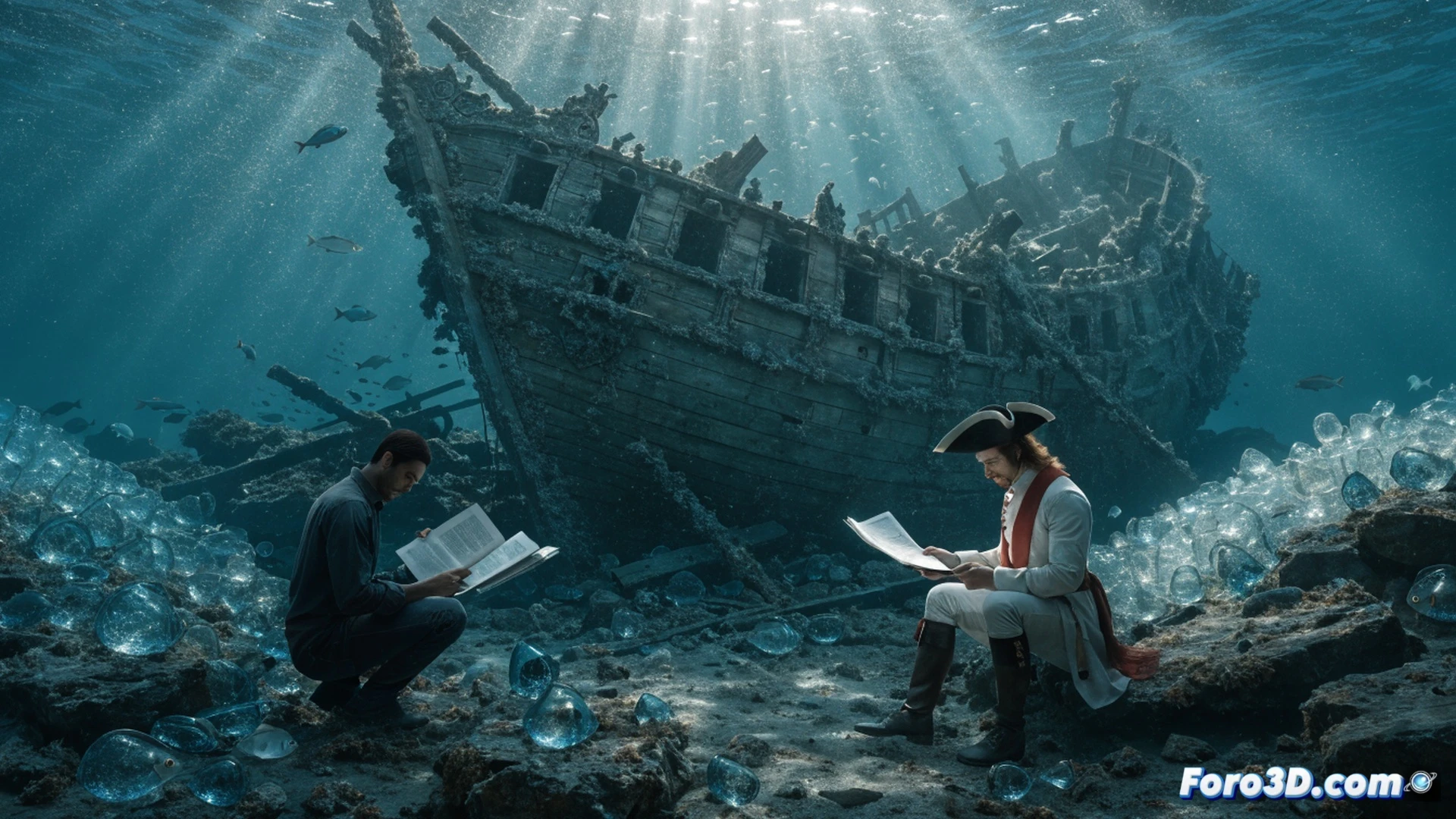 underwater shot of a colonial-era galleon wreck on the ocean floor, two diving figures in vintage diving suits positioned on opposite sides of a broken wooden hull, one holding a metal detector near scattered glass fragments, the other examining a parchment map sealed in a waterproof case, beams of sunlight piercing through murky green water, photorealistic underwater archaeology visualization, bubbles rising from regulators, sediment disturbed by fins, old brass fittings and encrusted cannon visible, dramatic cinematic lighting with deep shadows