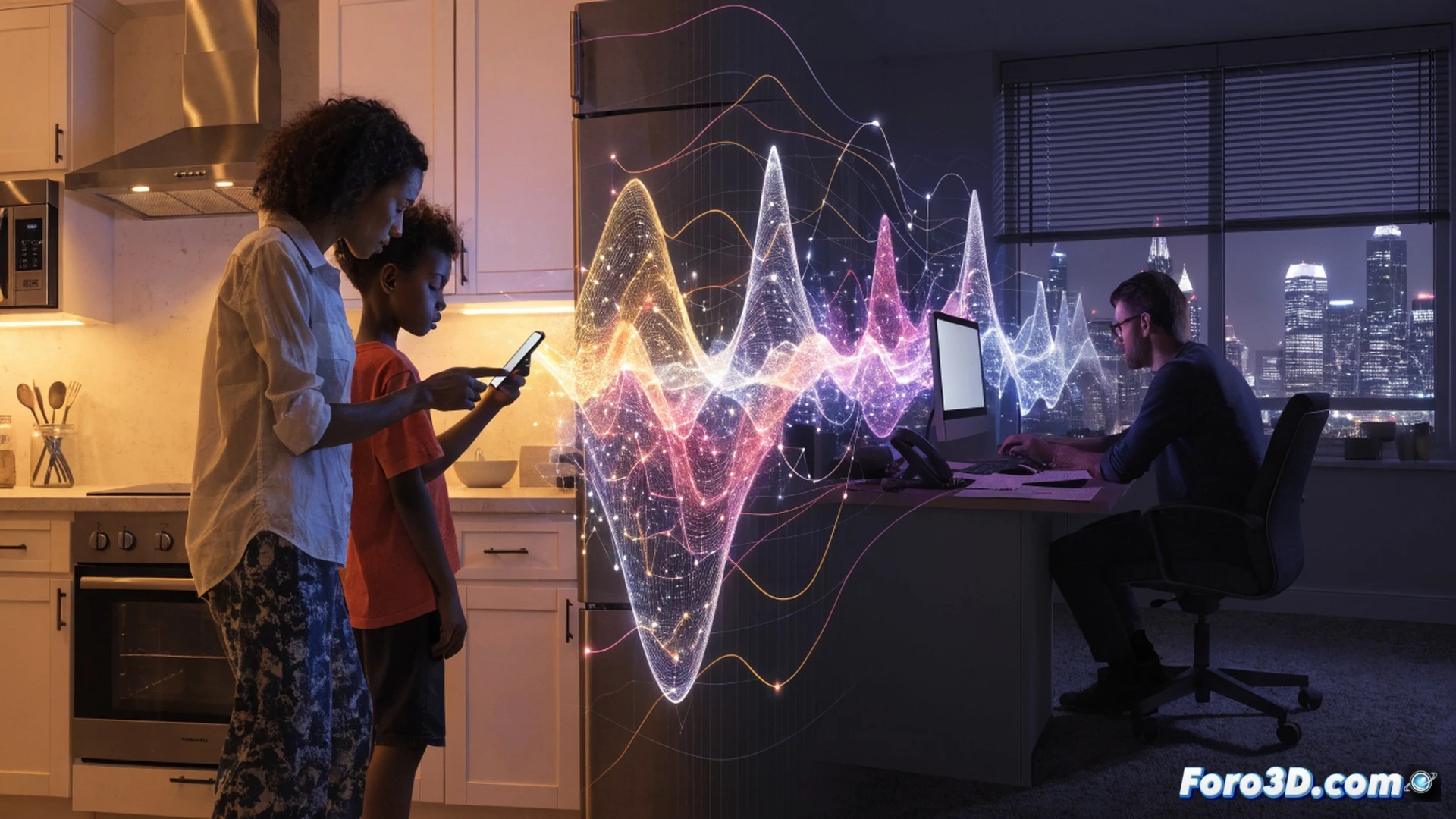 photorealistic scene of a stressed woman at midnight in a dim kitchen, staring at a glowing laptop showing a complex hourly electricity price graph, her hand hesitating over the washing machine button, while a digital smart meter on the wall displays a high price spike in red, contrasting soft blue light from the screen with harsh kitchen shadows, cinematic industrial lighting, ultra-detailed domestic appliances and cable clutter, technical illustration style emphasizing the burden of price monitoring, no text or numbers visible