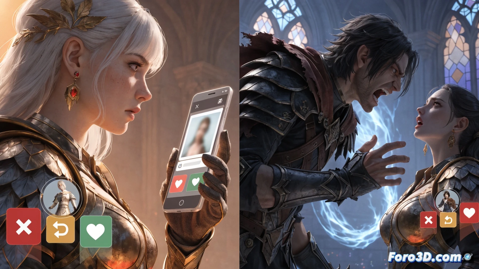 Final Fantasy 14 player characters interacting with a glowing holographic interface resembling a dating app, two Miqo'te and one Elezen avatars standing in a bustling Limsa Lominsa plaza, one character tapping a floating screen showing a profile card with a heart icon while another character swipes left on a crystal-powered tablet, ambient game UI elements like party frames and chat bubbles visible in the background, realistic in-game lighting casting warm sunset hues on cobblestone streets, cinematic fantasy MMO visualization, detailed armor textures and particle effects, photorealistic technical render with soft bokeh depth of field.