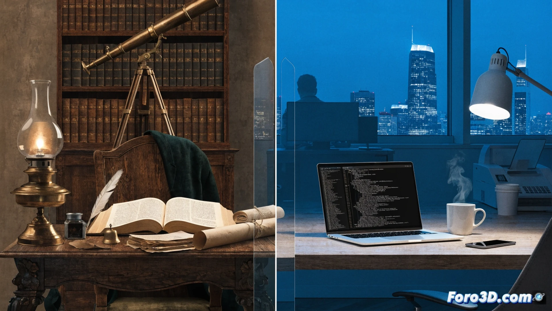 Modern office worker using laptop at home desk, holographic AI interface floating beside them showing workflow automation, vintage fax machine on floor covered in dust and cobwebs, digital calendar displaying hybrid schedule, old London building blueprint fading in background, photorealistic technical illustration, cinematic lighting, contrasting old and new technology, action of typing while AI processes data streams, glowing blue data lines connecting laptop to cloud servers, ultra-detailed textures, dramatic shadows