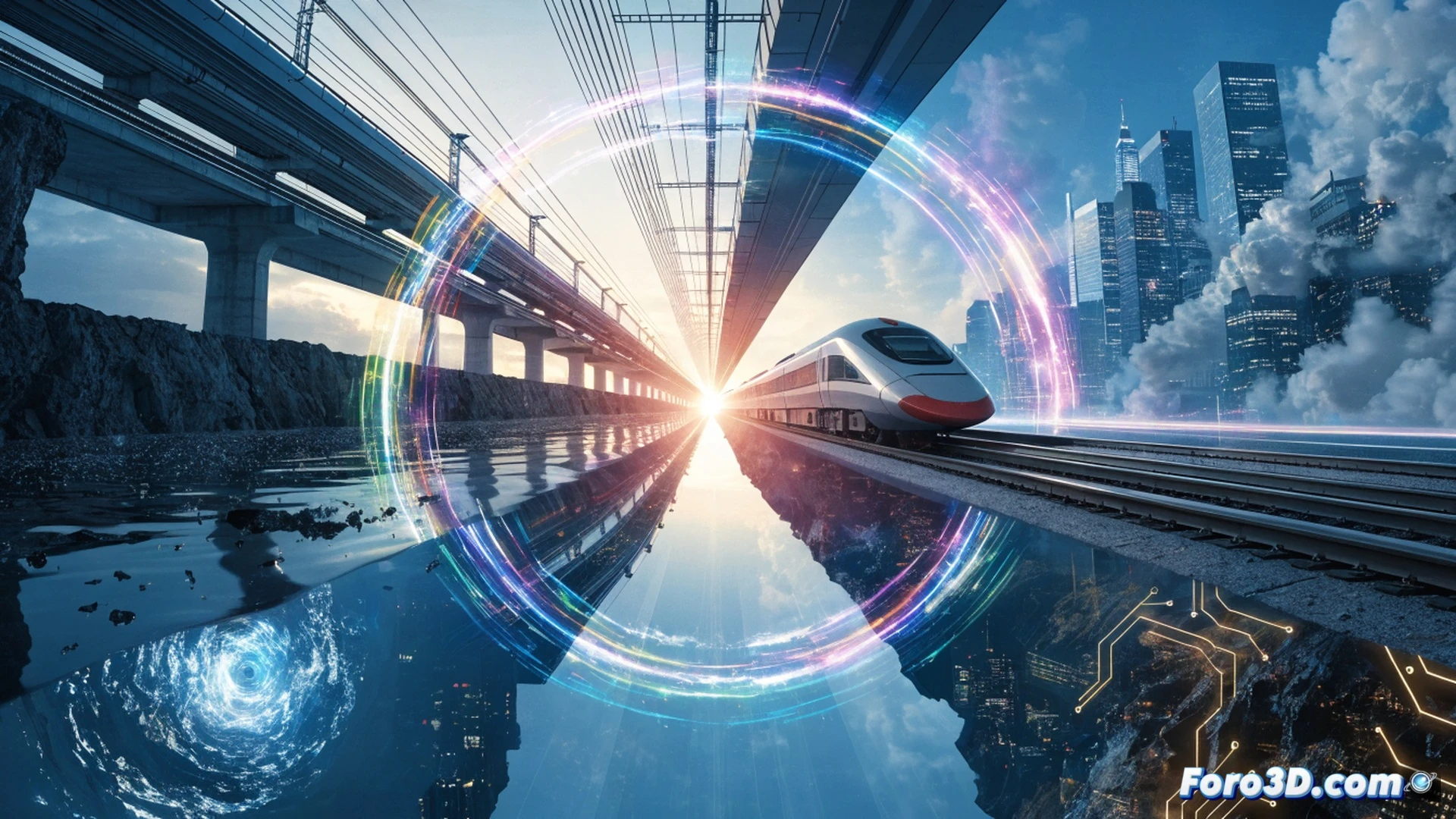 maglev train suspended above concrete guideway, electromagnetic coils glowing blue, track cutting through a dense green forest with visible deforestation scars, construction vehicles and drilling rigs parked beside fragmented soil, shadow of the train stretching over a small rural village in the distance, cinematic engineering visualization, photorealistic render, dramatic contrast between sleek futuristic technology and damaged natural landscape, overcast sky with hazy light, detailed metallic surface reflections, environmental impact visible through muddy runoff and cut tree stumps, technical illustration style