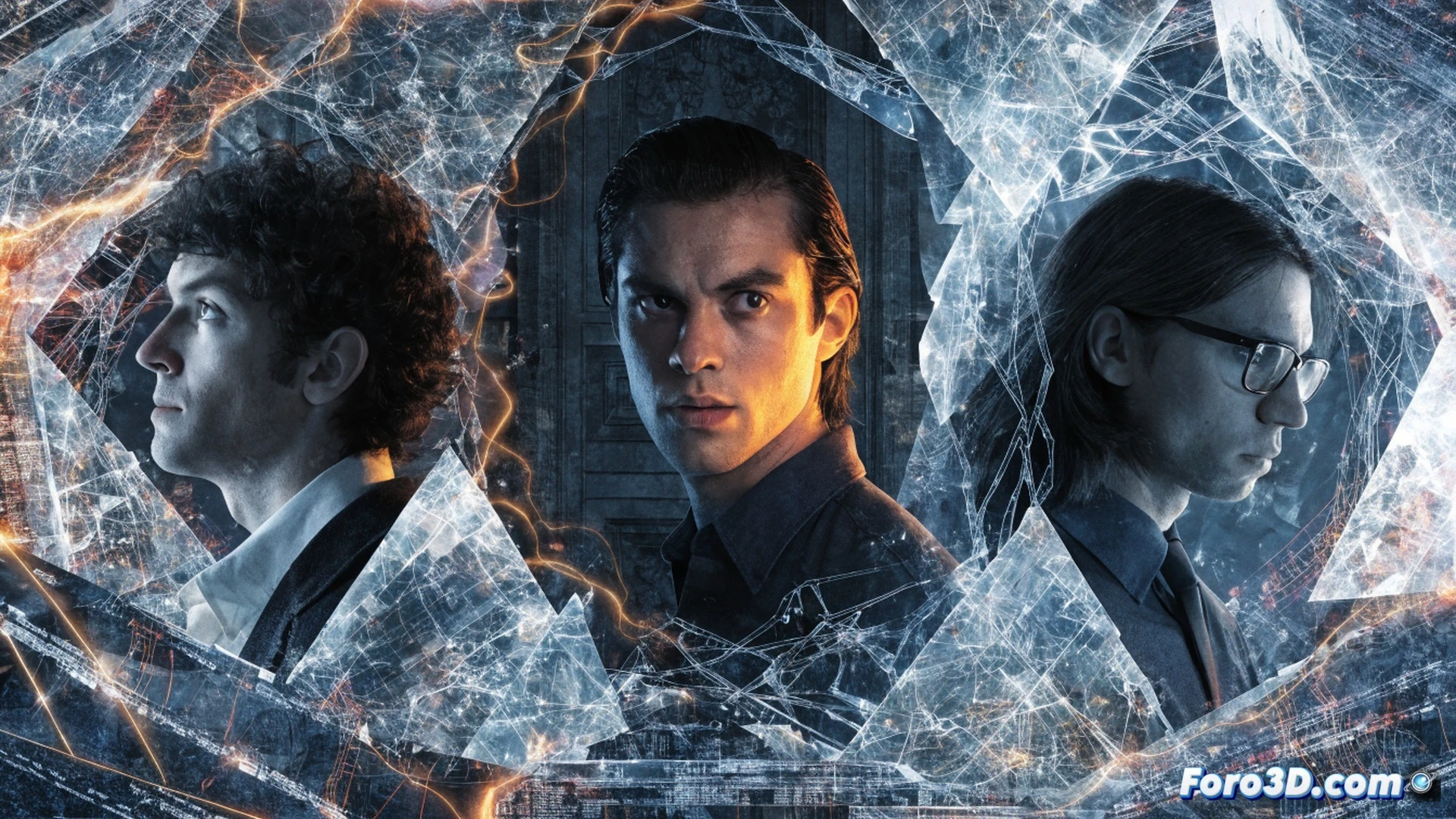 three young men in a dim basement workshop, one adjusting a strange electronic device with antennae aimed at a woman frozen mid-step, another consulting a glowing laptop with circuit diagrams, the third holding a magical amulet, cables and microchips scattered on a cluttered table, cinematic photorealistic technical illustration, harsh overhead fluorescent light casting deep shadows, metallic components reflecting cold blue light, tense action frozen in time, dusty shelves with old monitors and oscilloscopes, hyper-detailed textures of plastic and metal, uncomfortable voyeuristic perspective