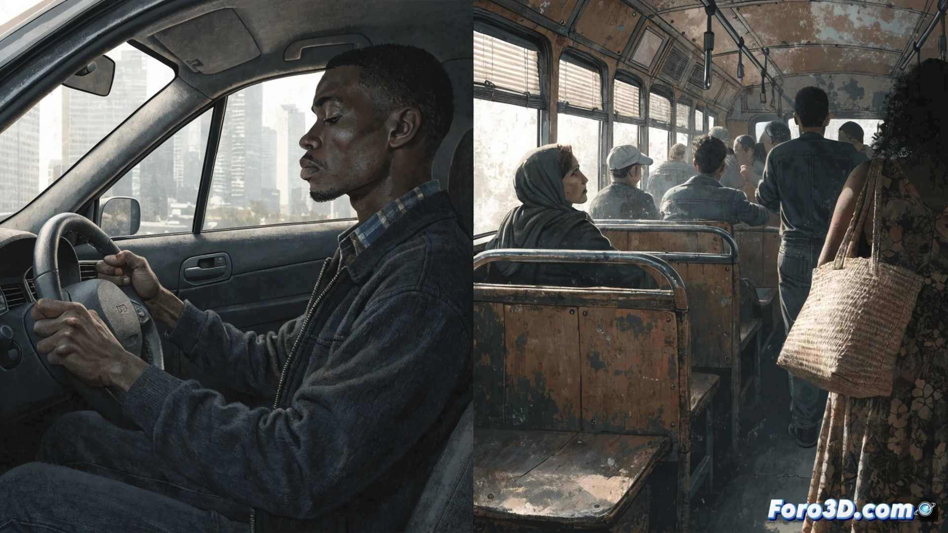 photorealistic wide shot of a compact car interior without windows, steering wheel held by a driver sweating in heat, empty dashboard where radio and AC controls should be, cracked plastic panels, passenger seat filled with worn-out bus schedule papers, outside a blurred city street showing overcrowded public bus stuck in traffic, contrast between personal discomfort and collective failure, dramatic side lighting highlighting missing components, gritty realistic textures, cinematic documentary style, ultra-detailed technical illustration