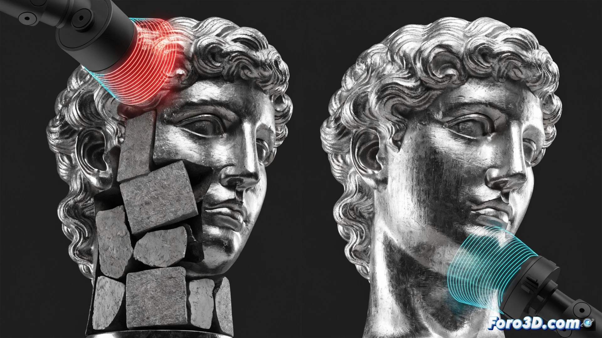 Museo de arte iluminado por luz rasante, un técnico con guantes blancos sostiene una pequeña escultura de plata sobre una plataforma giratoria de escáner 3D láser, mientras una pantalla de monitor muestra un corte transversal digital revelando un denso núcleo de plomo en contraste con la delgada capa de plata exterior, líneas de medición volumétrica y nubes de puntos rodean la pieza, herramientas de metrología sobre la mesa, estilo cinematográfico de ilustración técnica forense, iluminación dramática con sombras marcadas, texturas metálicas realistas, alta definición