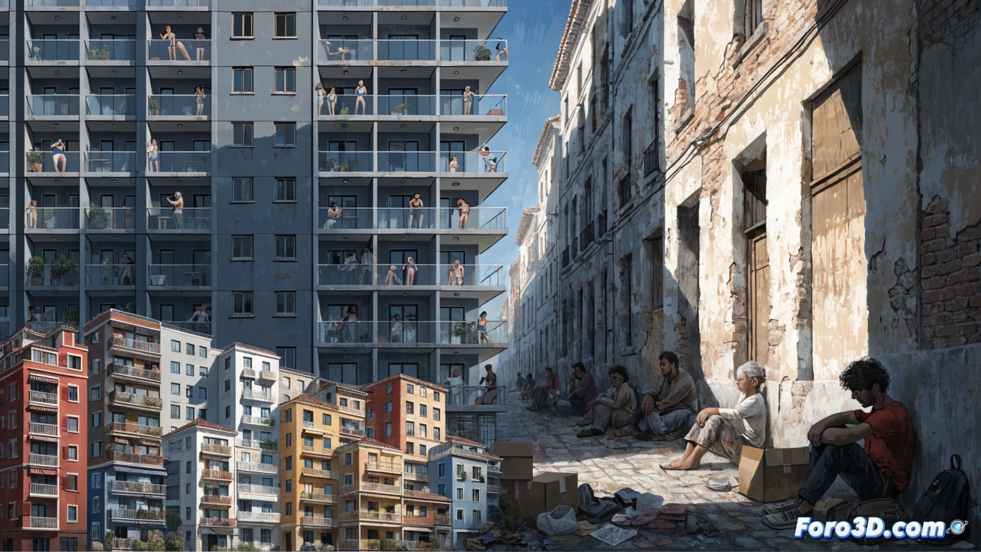 urban street scene showing apartment buildings with key-shaped holes carved into their facades, golden tourist arrows piercing through walls, local residents holding suitcases being pushed out by a giant hotel key, rental price tags growing like ivy over windows and doors, photorealistic architectural visualization, dramatic shadows from setting sun, cracked pavement under weight of suitcases, surveillance cameras watching empty streets, cinematic lighting with warm orange and cold blue contrast, ultra-detailed brick textures, dust particles floating in air, technical illustration style