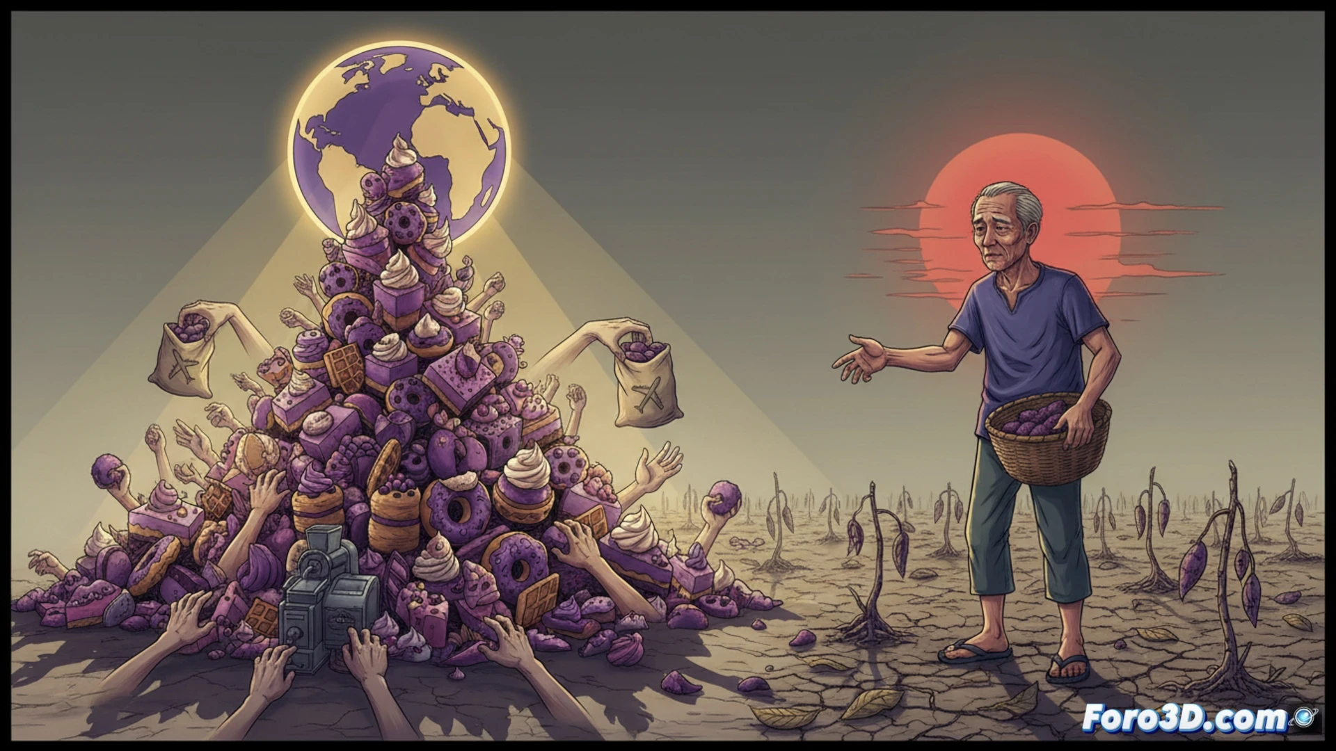 Filipino farmer kneeling in dry ube field, cracked earth around wilting purple tubers, hands holding a single small ube while empty crates labeled for export stack behind him, digital tablet showing global order alerts on screen, tractor trailer loading ube into shipping containers in background, no seeds left for replanting, dramatic sunset lighting, photorealistic agricultural documentary style, sharp focus on soil texture and tuber skin, contrasting vibrant purple against brown drought-stricken ground, cinematic wide-angle composition, emotional tension between harvest success and crop extinction